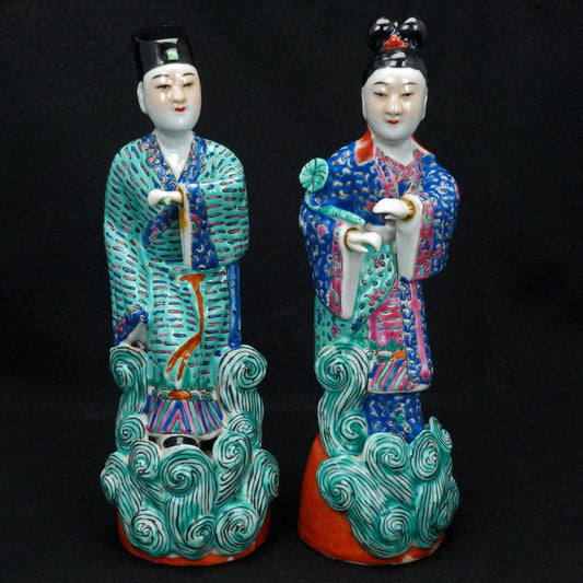 Chinese Porcelain Polychrome Nobleman and Wife Matched Pair Republic Period - Bear and Raven Antiques