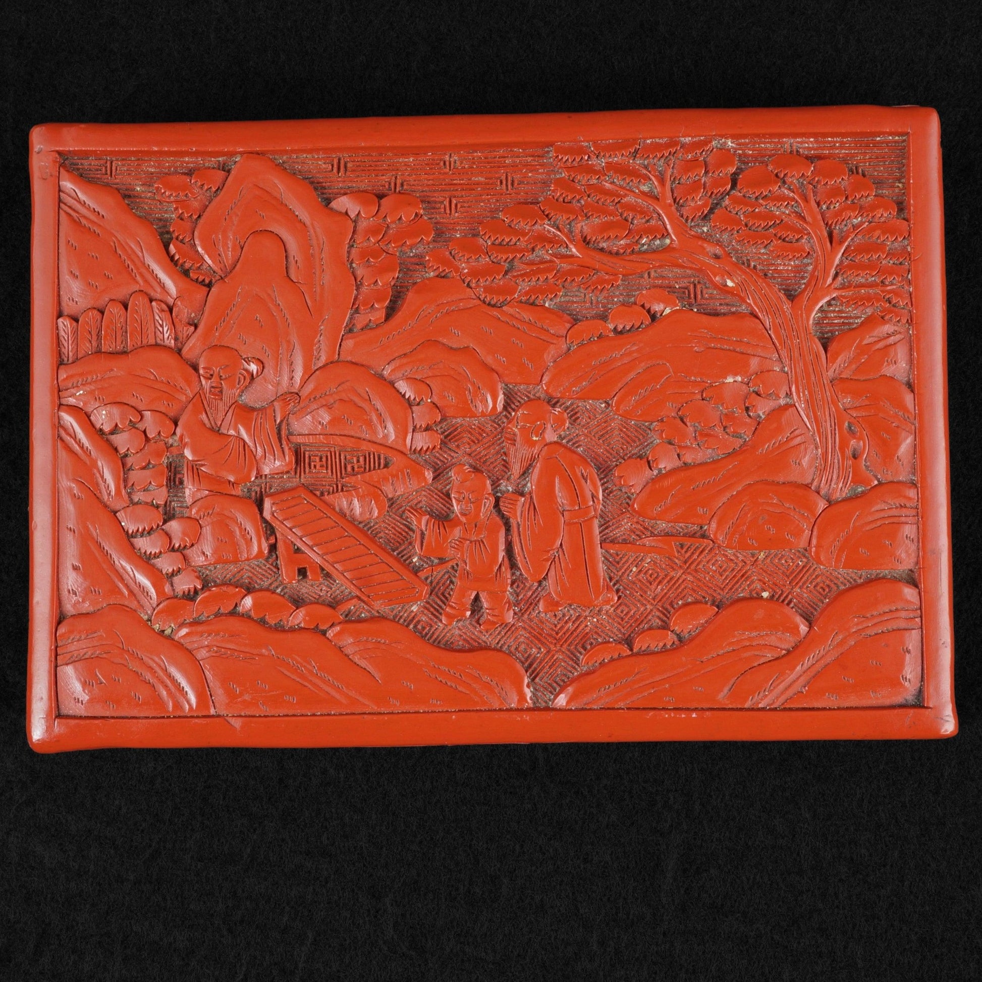 Chinese Qing Lacquer Carved Box Scholars in the Garden - Bear and Raven Antiques