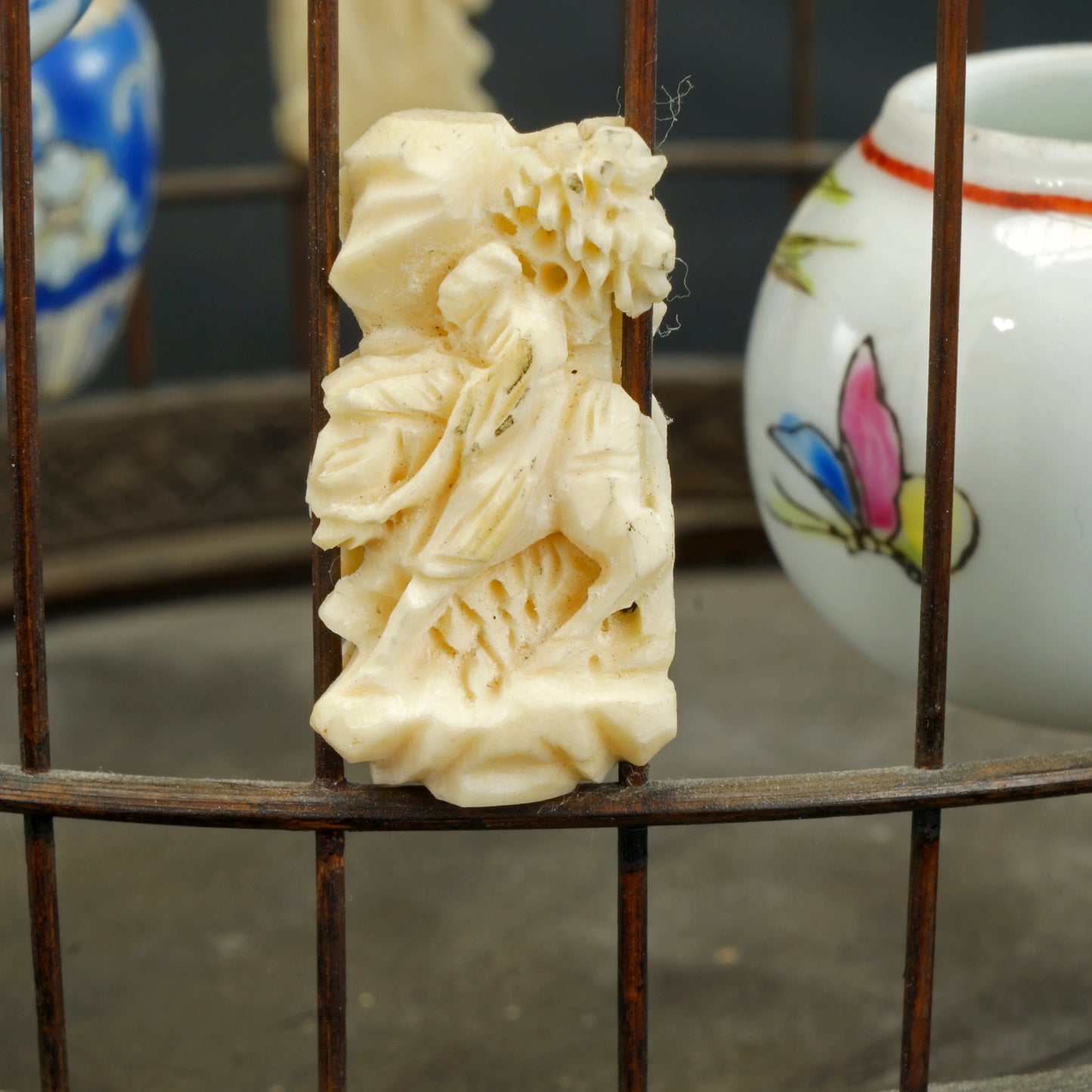 Chinese Qing/Republic Bamboo Birdcage with Porcelain Feeders - Bear and Raven Antiques