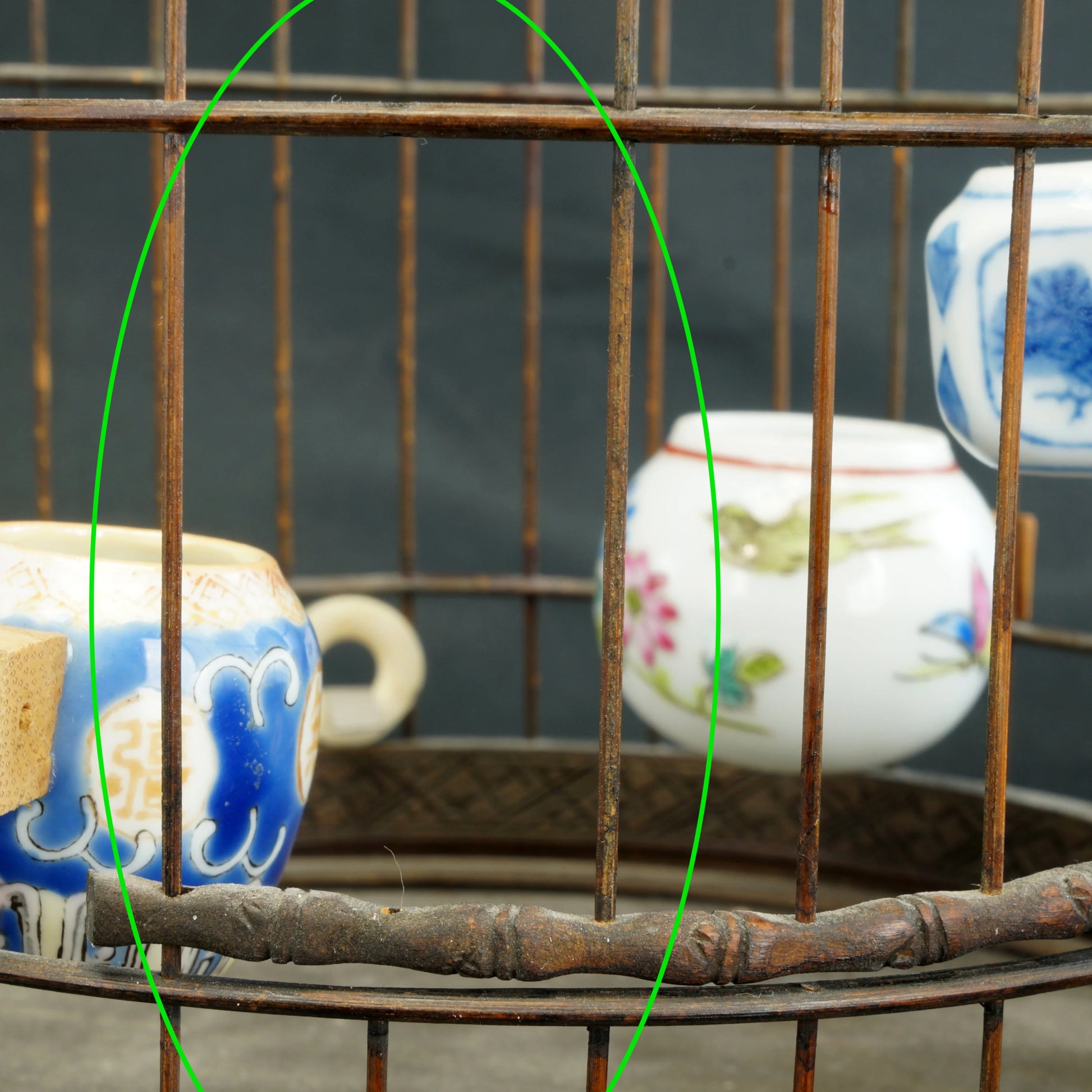 Chinese Qing/Republic Bamboo Birdcage with Porcelain Feeders - Bear and Raven Antiques