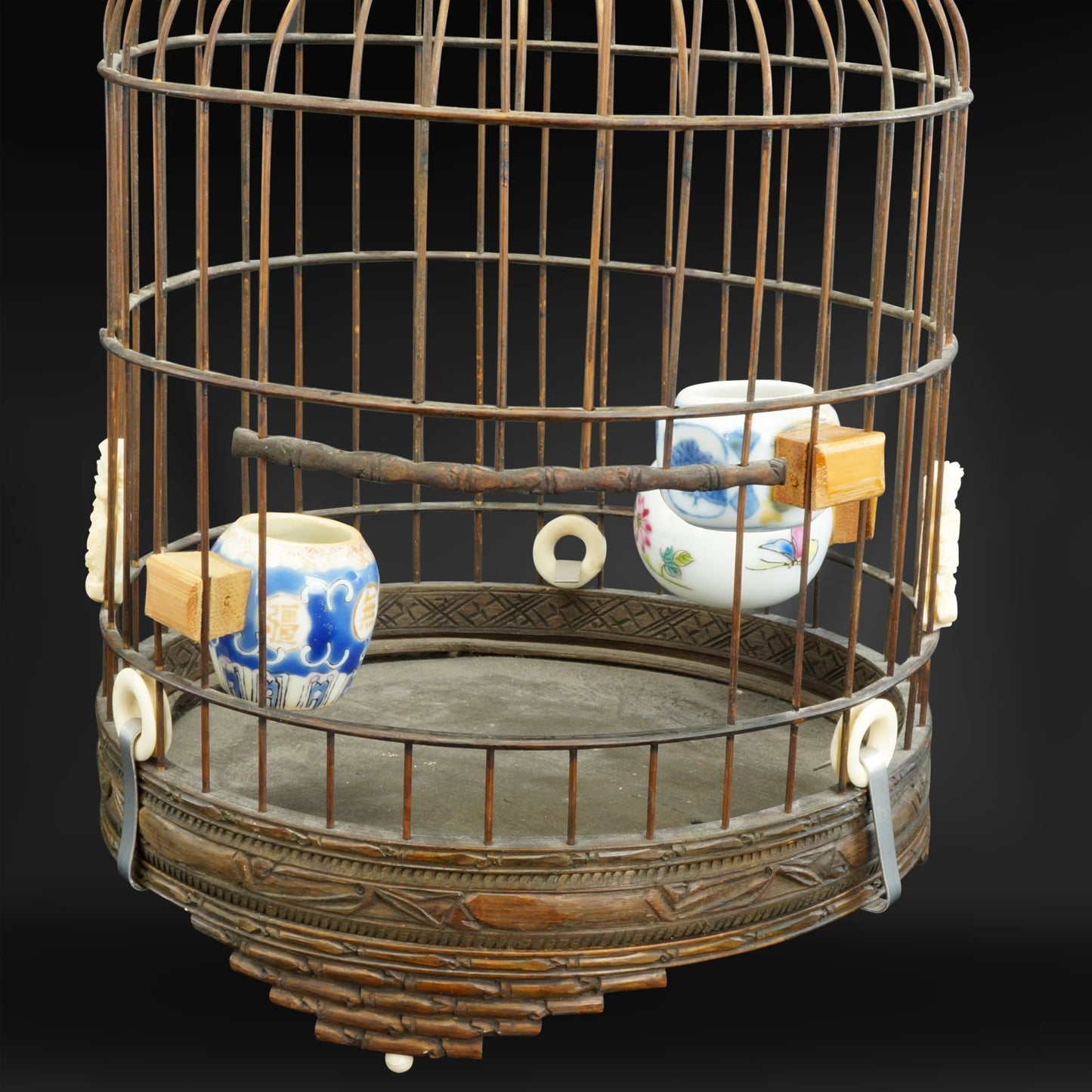 Chinese Qing/Republic Bamboo Birdcage with Porcelain Feeders - Bear and Raven Antiques