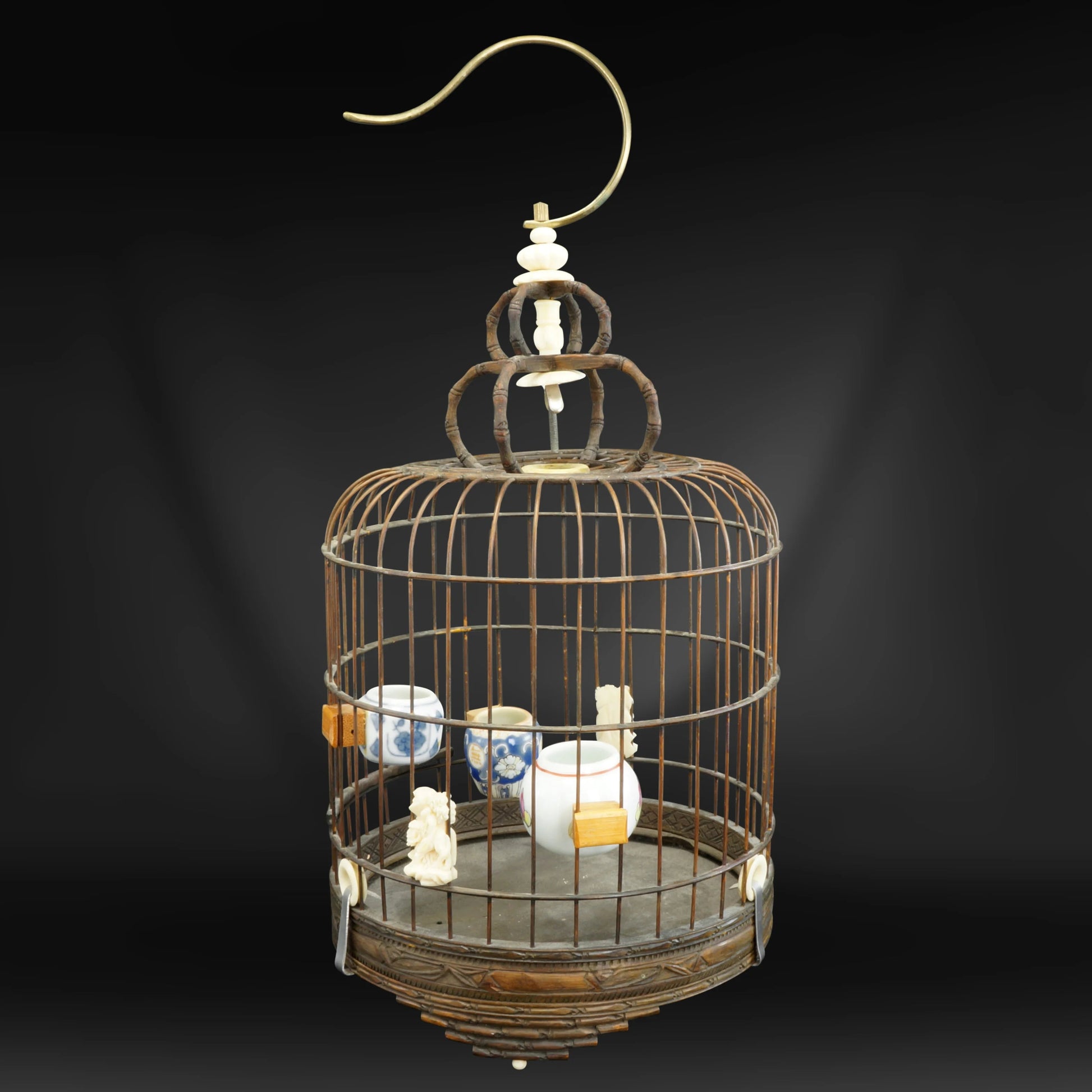 Chinese Qing/Republic Bamboo Birdcage with Porcelain Feeders - Bear and Raven Antiques