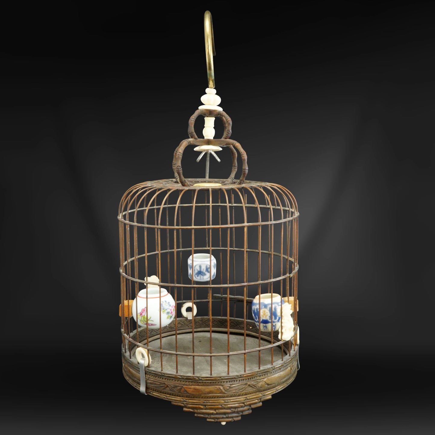 Chinese Qing/Republic Bamboo Birdcage with Porcelain Feeders - Bear and Raven Antiques