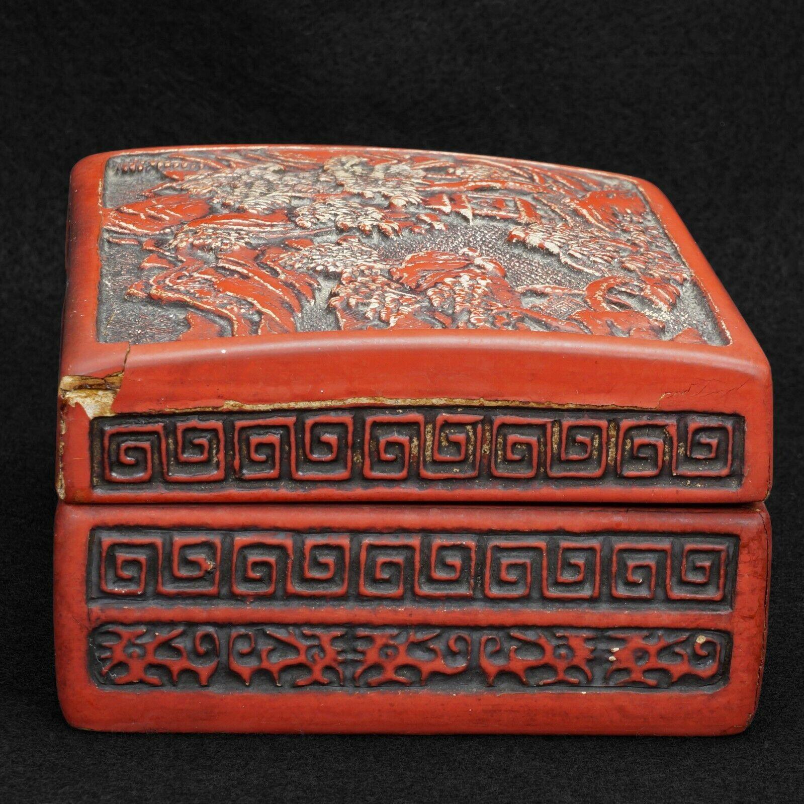 Chinese Republic Cinnabar Lacquer Box with Landscape - Bear and Raven Antiques