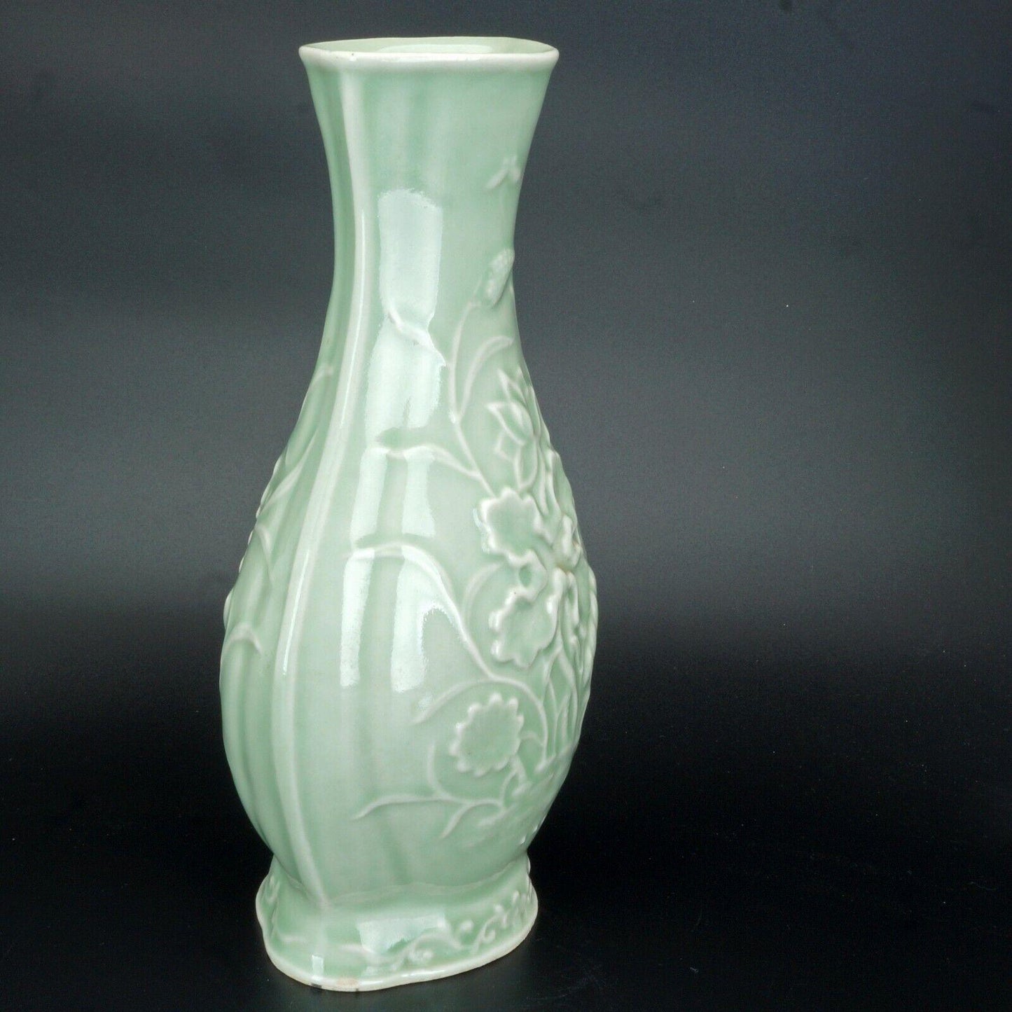 Chinese Republic Era Celadon Molded Vase with Lotus Motif - Bear and Raven Antiques