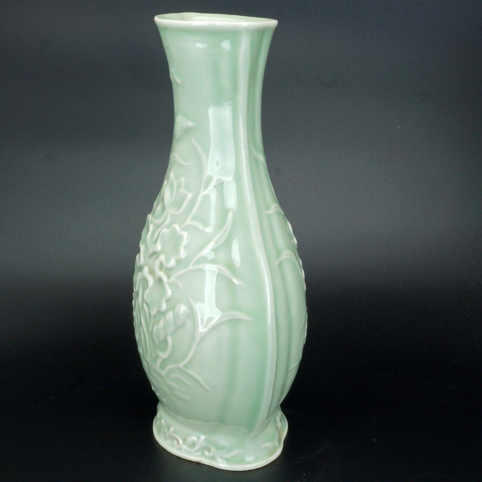 Chinese Republic Era Celadon Molded Vase with Lotus Motif - Bear and Raven Antiques