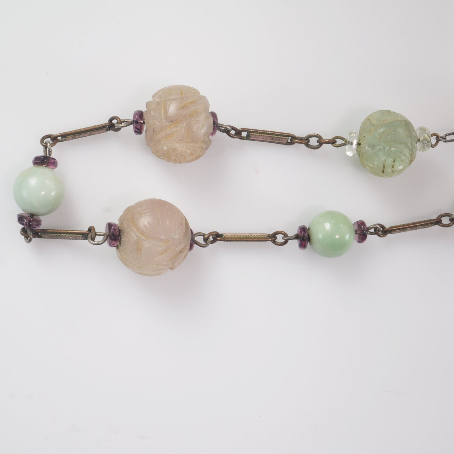 Chinese Republic Era Jade, Sterling, and Carved Quartz Beads Strand Partial Necklace - Bear and Raven Antiques