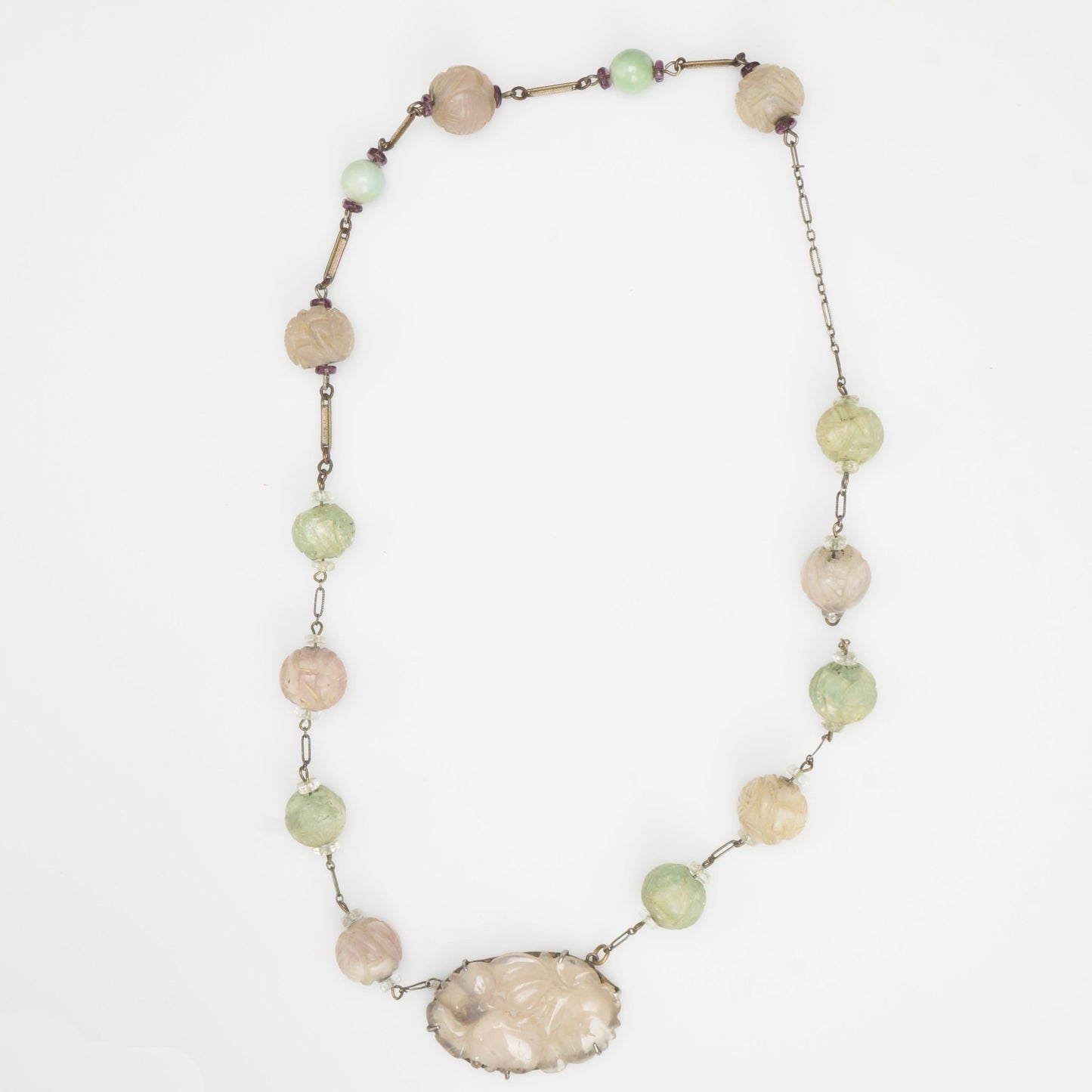 Chinese Republic Era Jade, Sterling, and Carved Quartz Beads Strand Partial Necklace - Bear and Raven Antiques