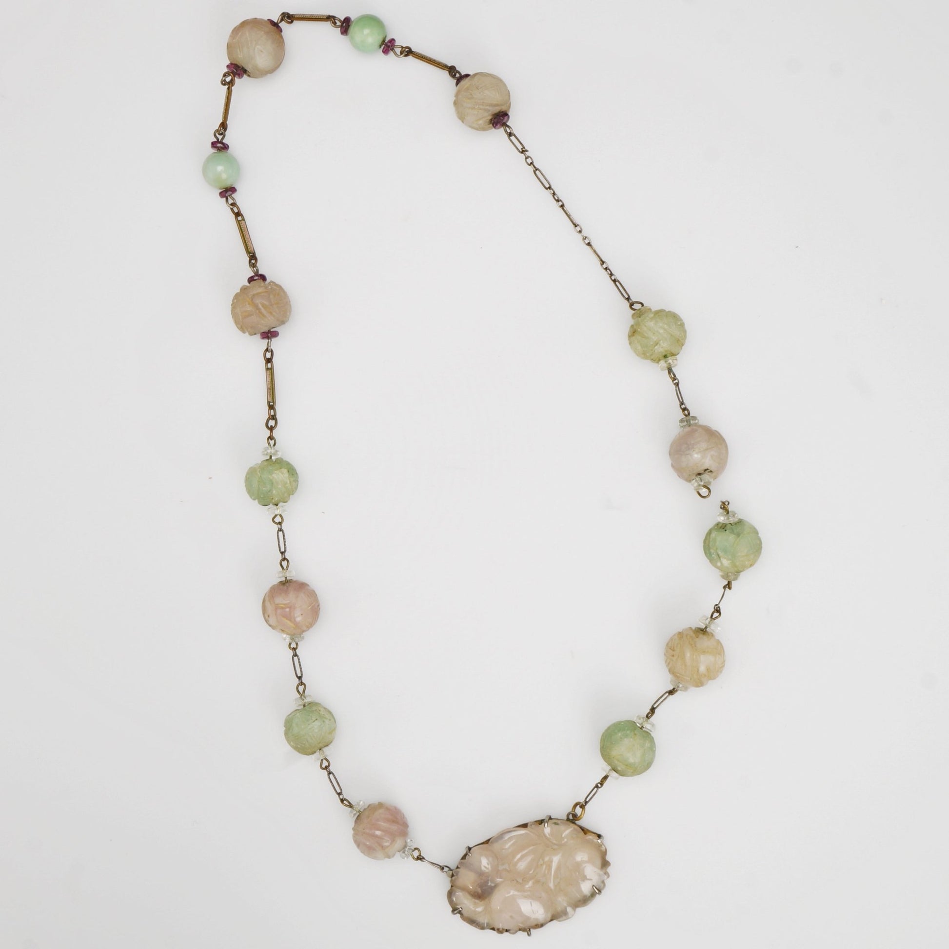 Chinese Republic Era Jade, Sterling, and Carved Quartz Beads Strand Partial Necklace - Bear and Raven Antiques