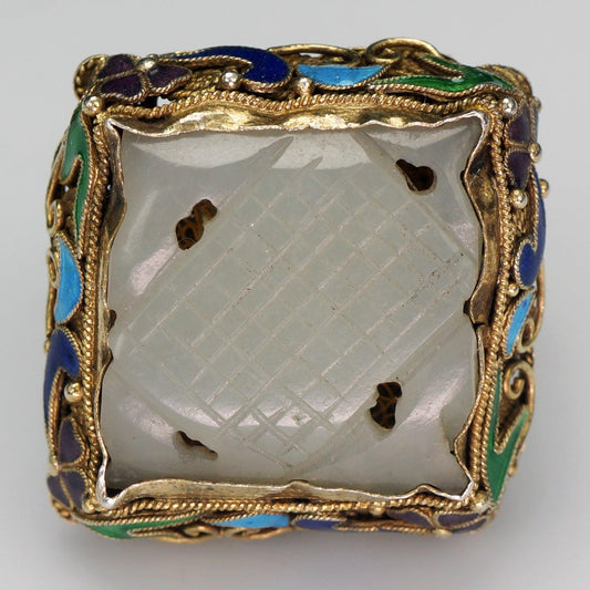 Chinese Republic Jade, Silver, Gold Wash, Enamel Ring Circa 1920 - Bear and Raven Antiques