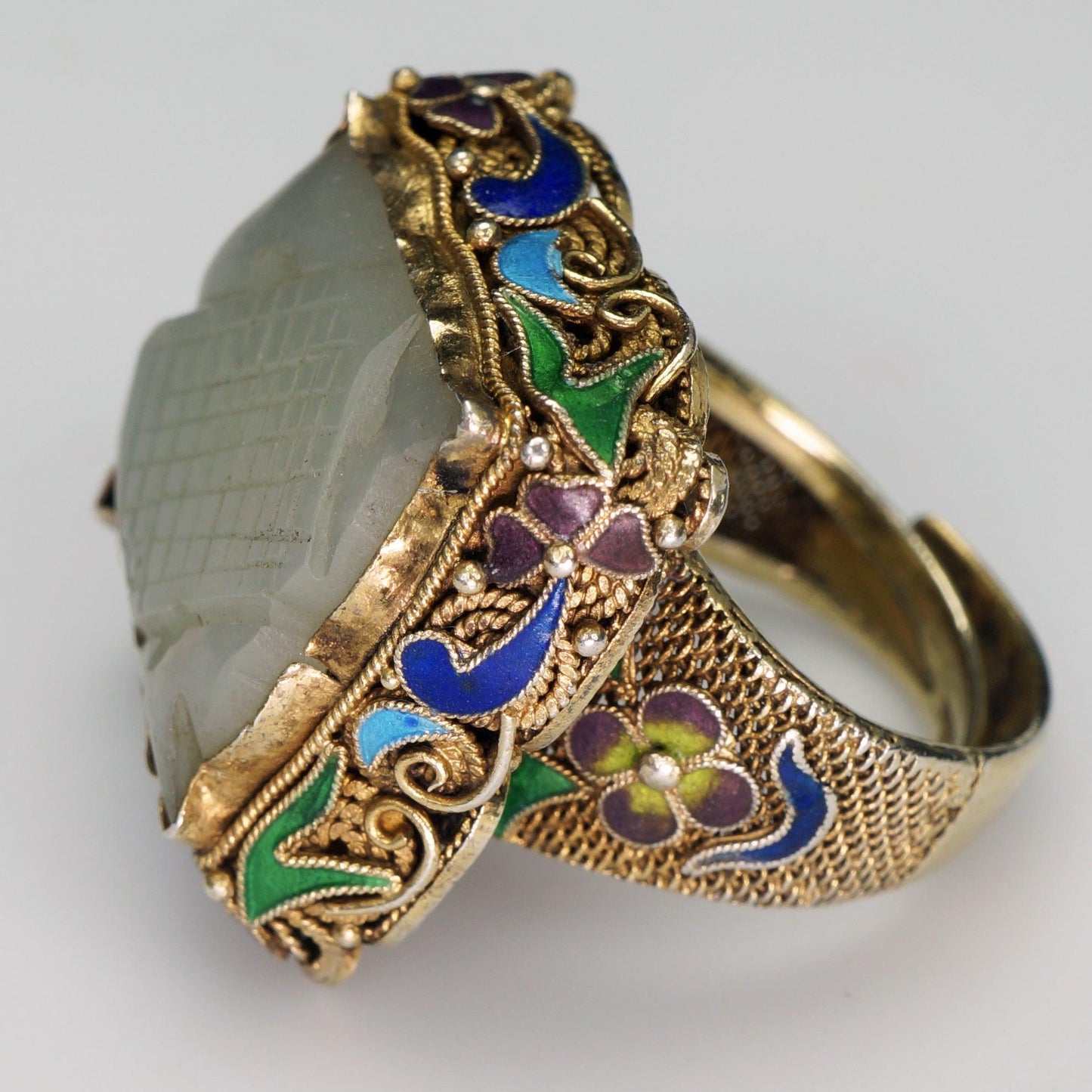 Chinese Republic Jade, Silver, Gold Wash, Enamel Ring Circa 1920 - Bear and Raven Antiques