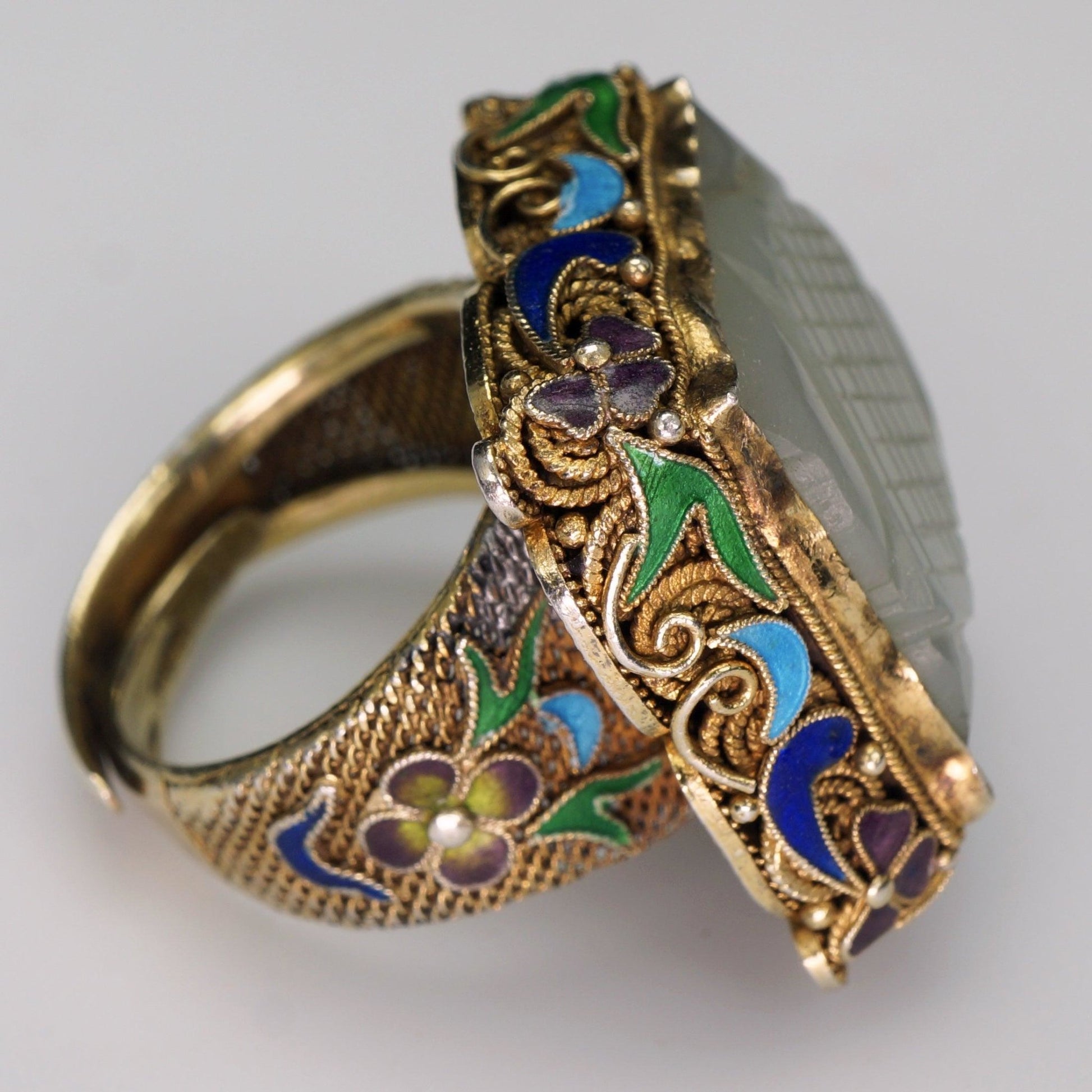 Chinese Republic Jade, Silver, Gold Wash, Enamel Ring Circa 1920 - Bear and Raven Antiques