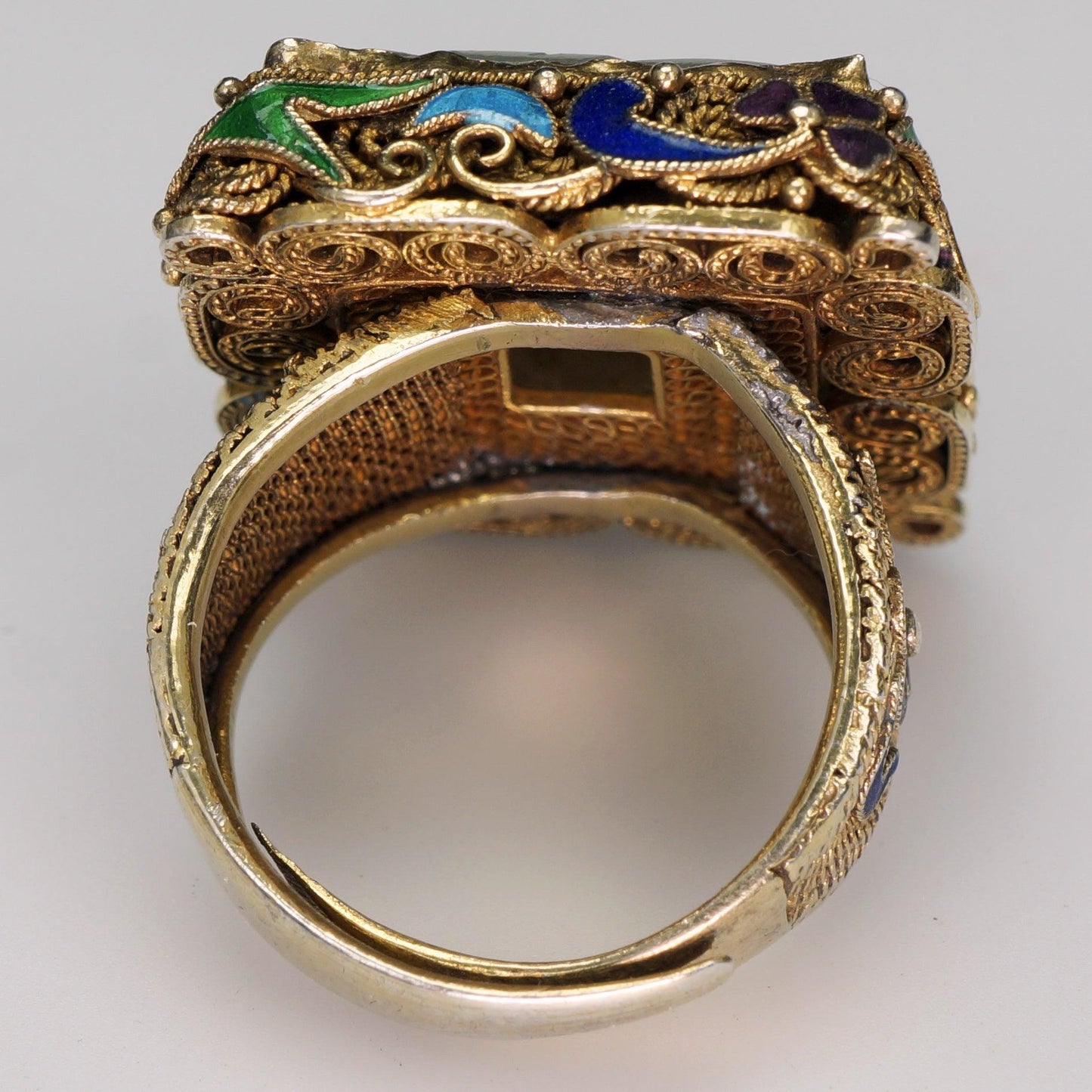 Chinese Republic Jade, Silver, Gold Wash, Enamel Ring Circa 1920 - Bear and Raven Antiques