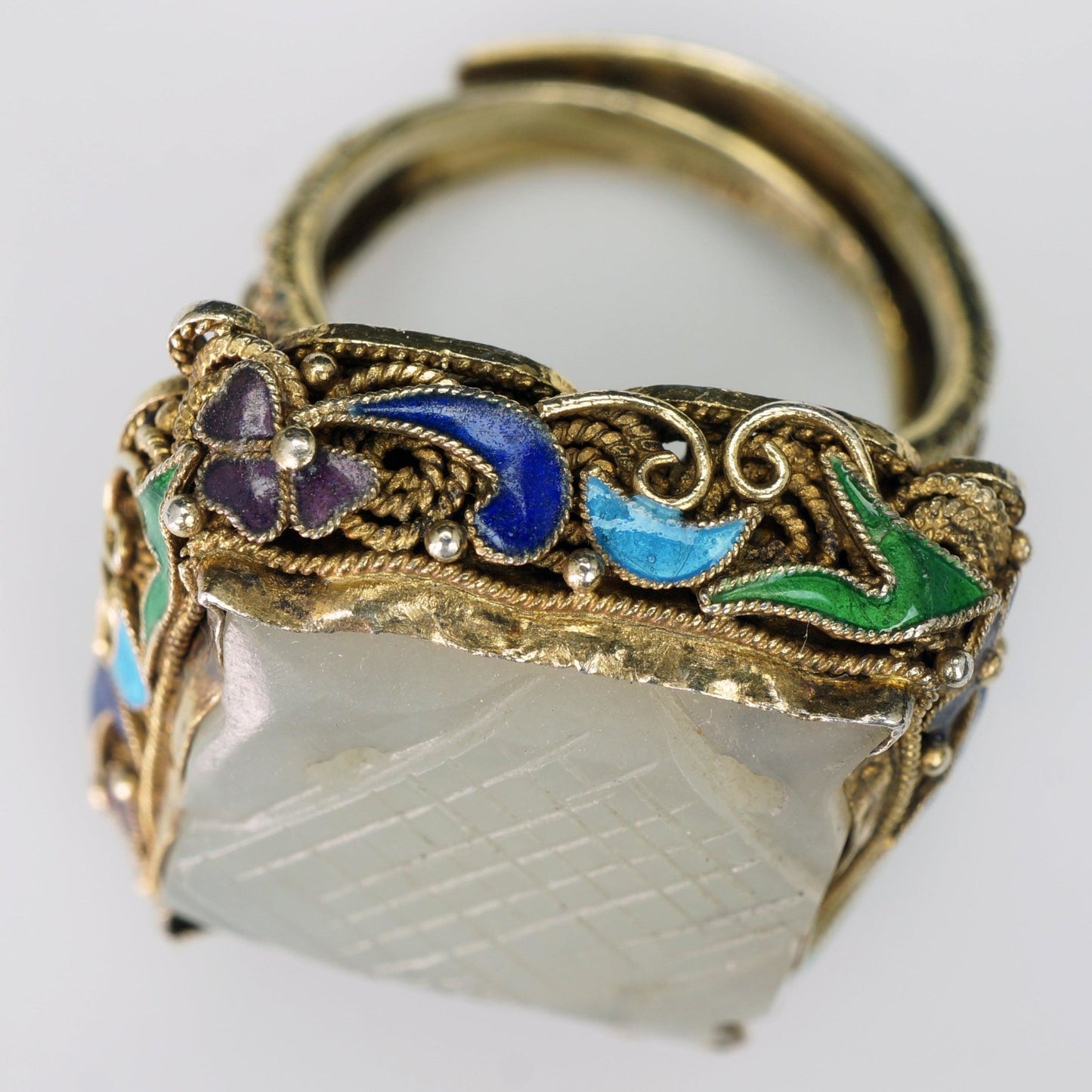 Chinese Republic Jade, Silver, Gold Wash, Enamel Ring Circa 1920 - Bear and Raven Antiques