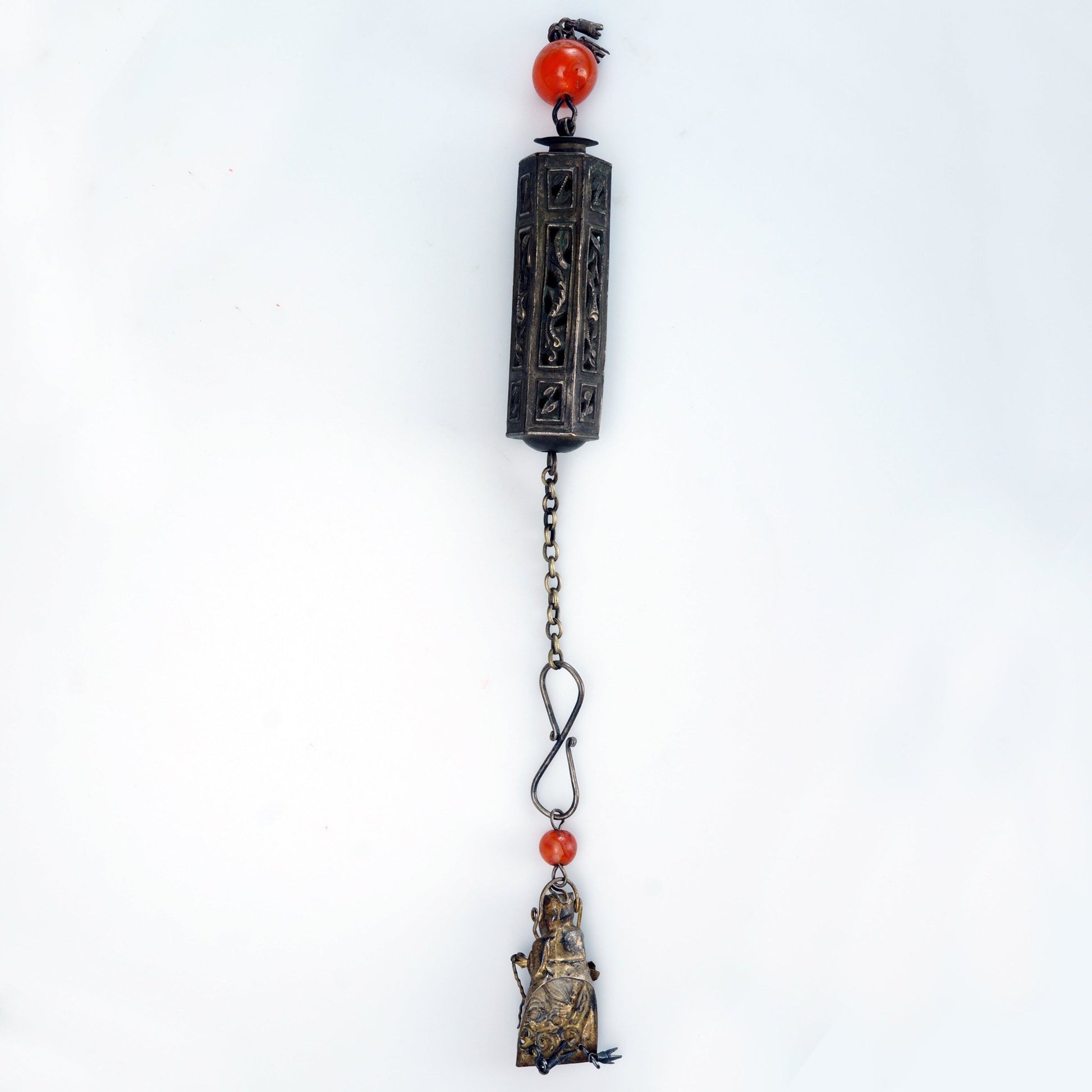 Chinese Silver Carnelian Needle Case with Daoist Figure Pendant 19th Century - Bear and Raven Antiques