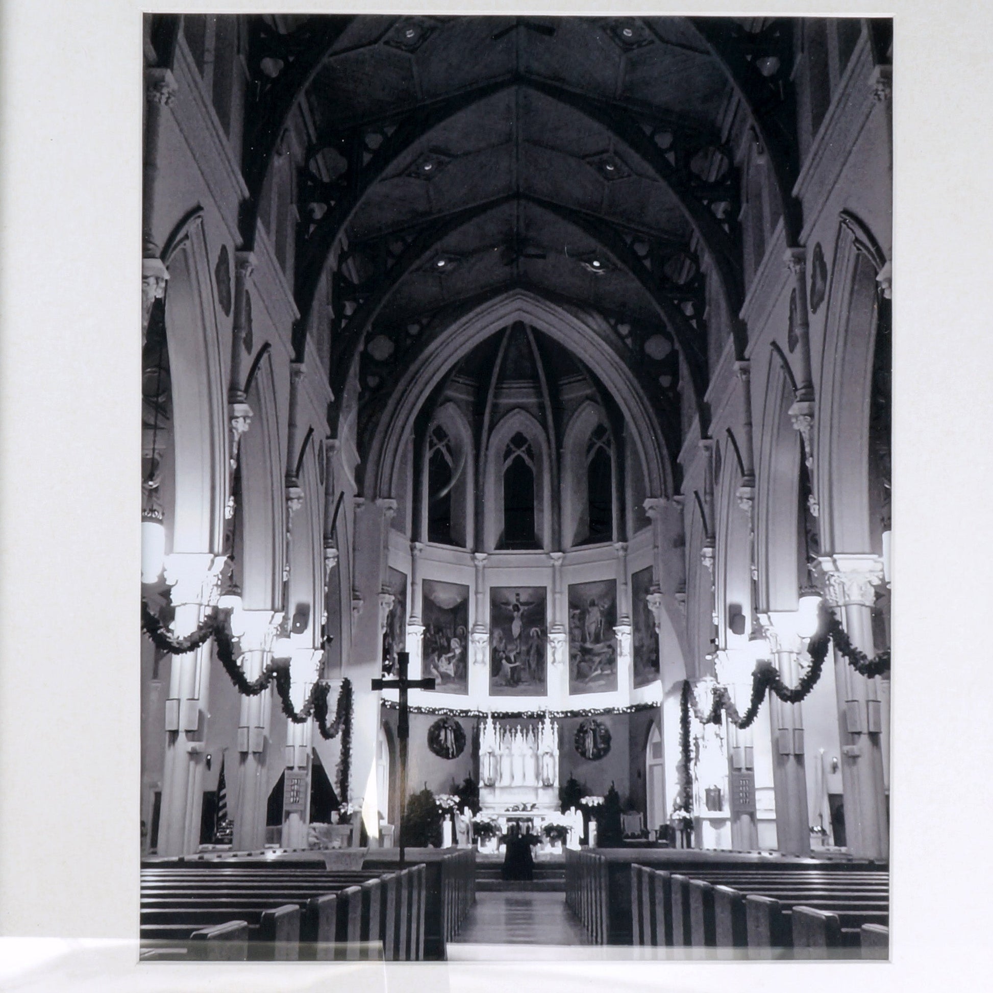 Framed Black and White Photograph of Interior of a Church - Bear and Raven Antiques