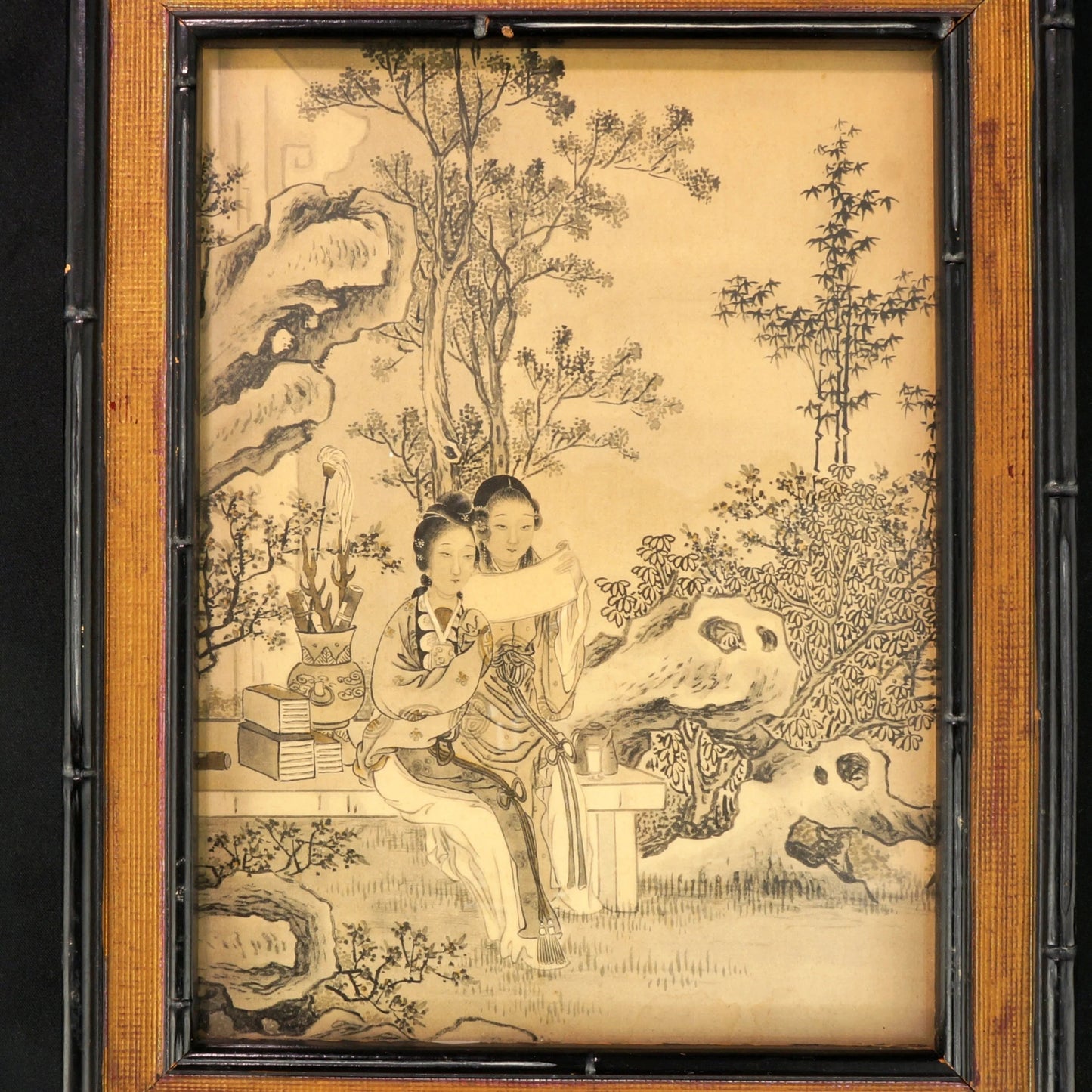 Framed Chinese Print of Beauties in a Garden Circa 1920 - Bear and Raven Antiques