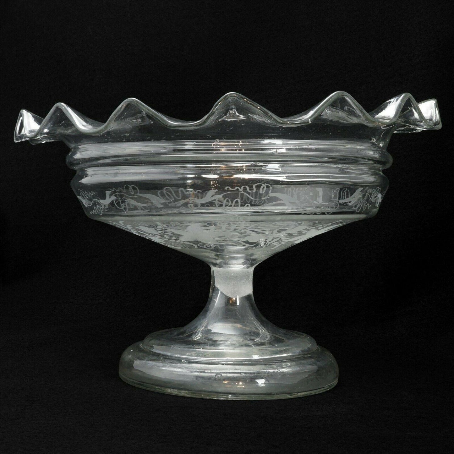 Handblown Antique Etched Glass Compote Bowl Centerpiece 19th Century - Bear and Raven Antiques