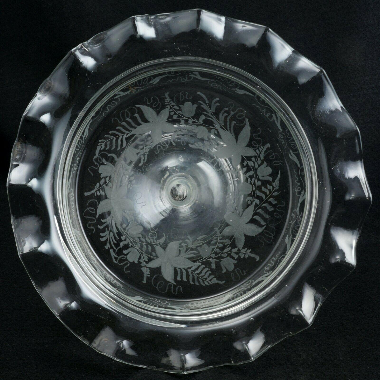 Handblown Antique Etched Glass Compote Bowl Centerpiece 19th Century - Bear and Raven Antiques