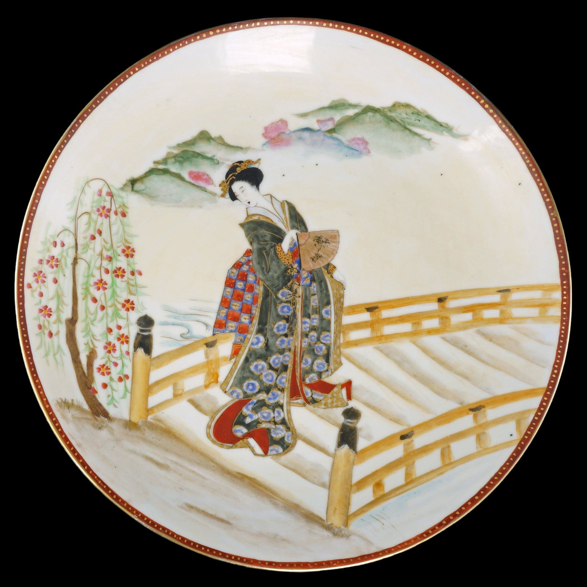 Japanese Showa Polychrome Porcelain Charger of Geisha 1930’s - Bear and Raven Antiques