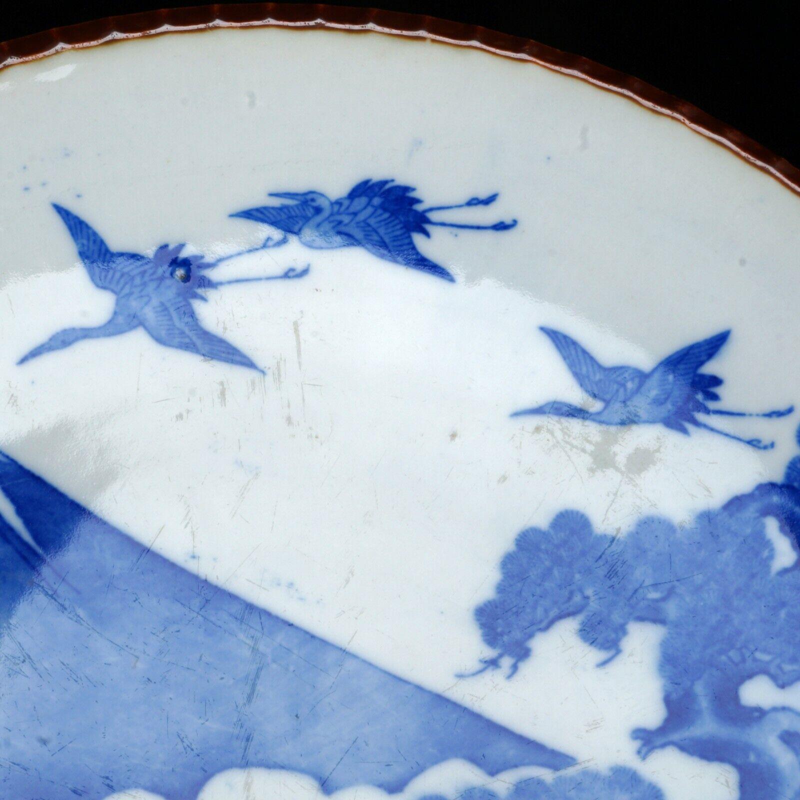 Large Japanese Blue White Igezara Charger with Mt Fuji, Pine, and Cranes c 1900 - Bear and Raven Antiques