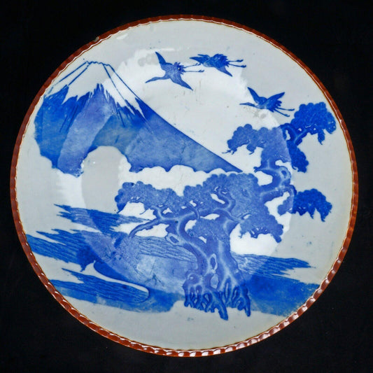 Large Japanese Blue White Igezara Charger with Mt Fuji, Pine, and Cranes c 1900 - Bear and Raven Antiques