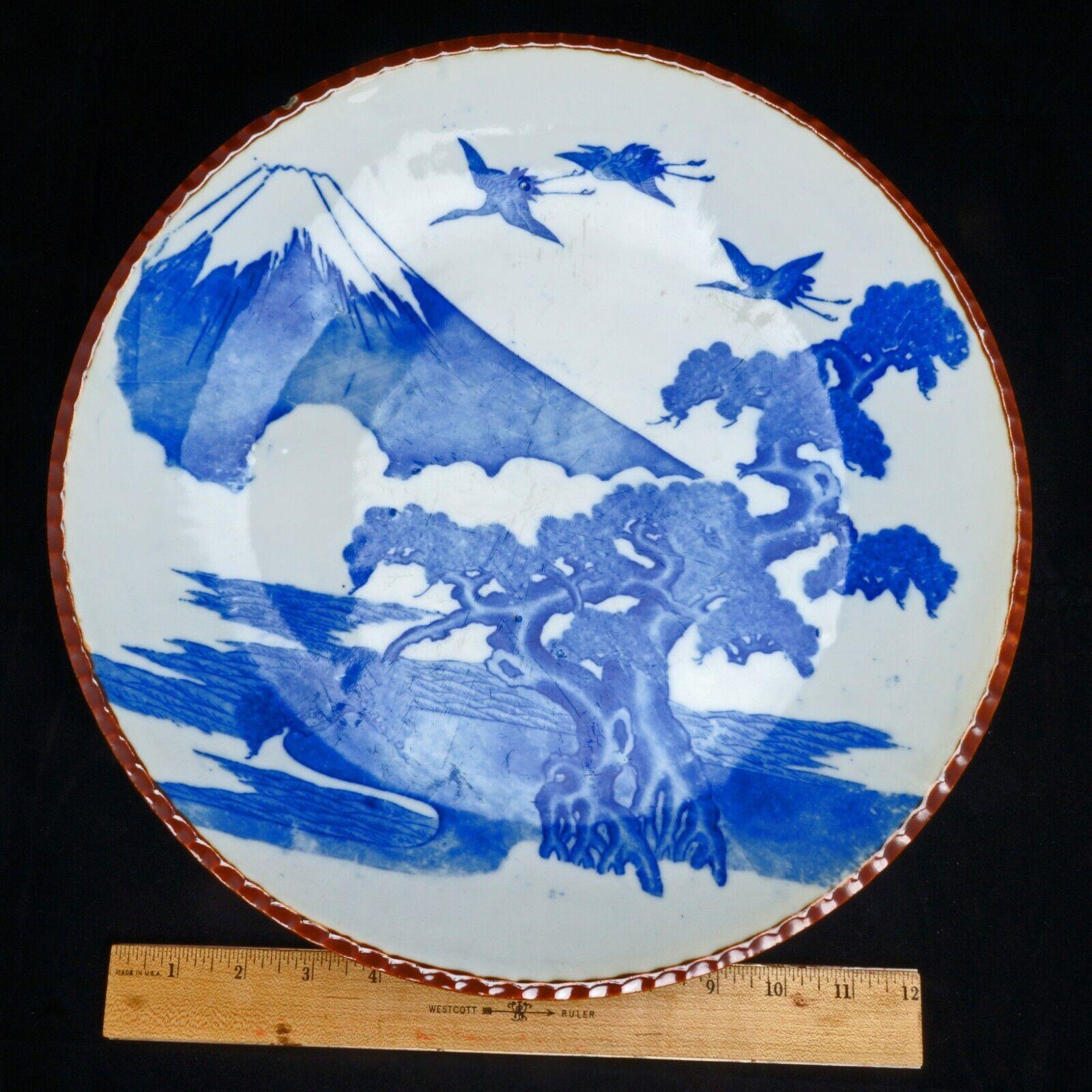 Large Japanese Blue White Igezara Charger with Mt Fuji, Pine, and Cranes c 1900 - Bear and Raven Antiques