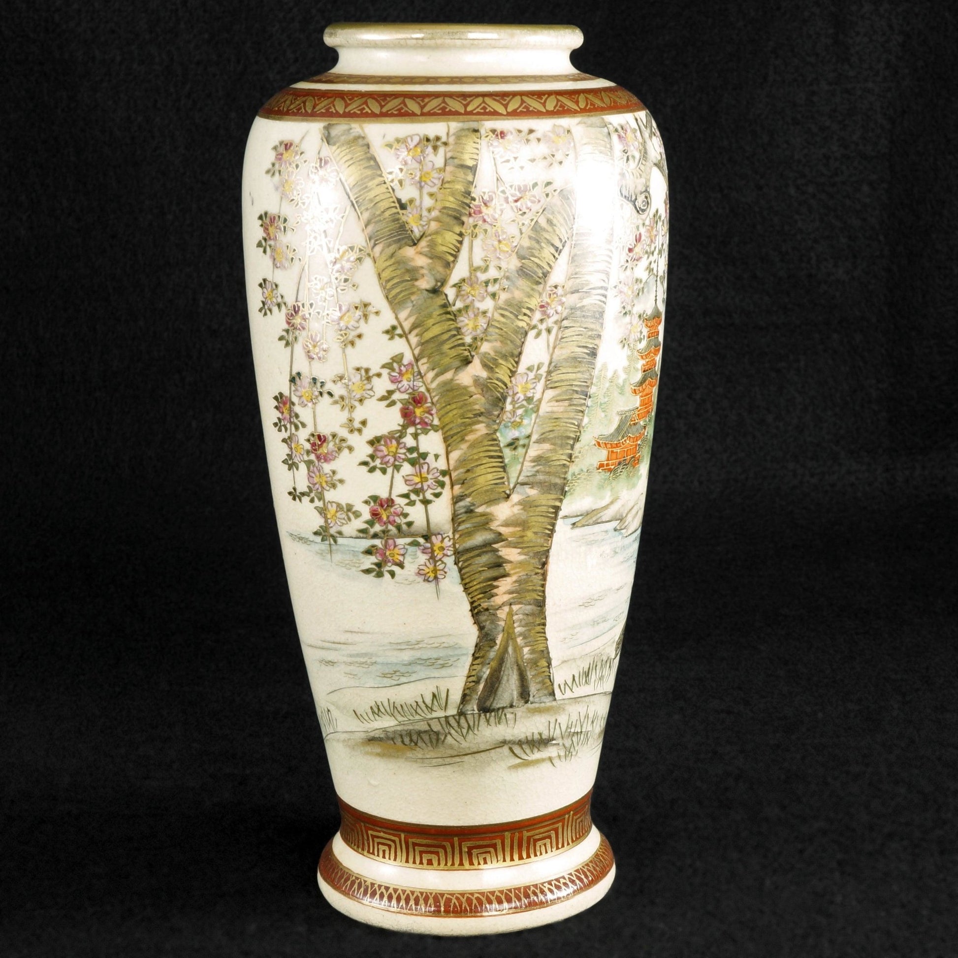 Mid Century Japanese Satsuma Cherry Blossom Vase Circa 1950 - Bear and Raven Antiques