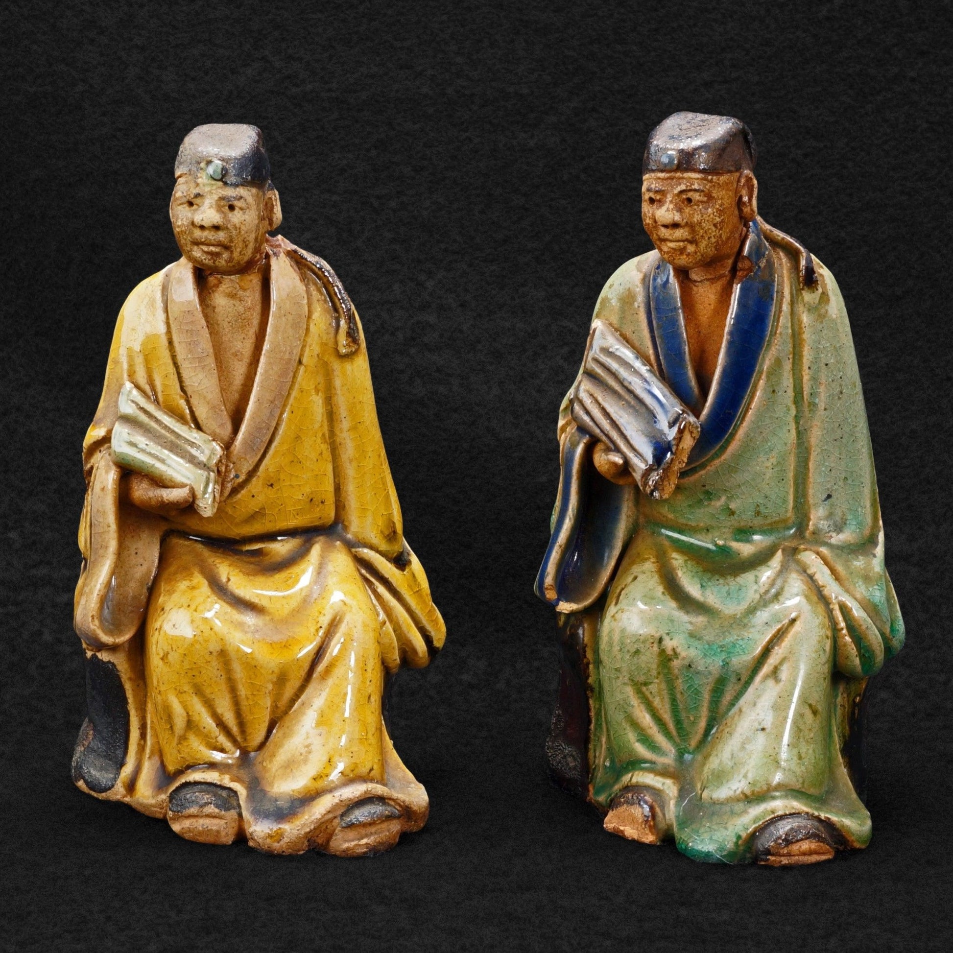 Pair Ceramic Chinese Shiwan Scholar Figures Circa 1930 - Bear and Raven Antiques