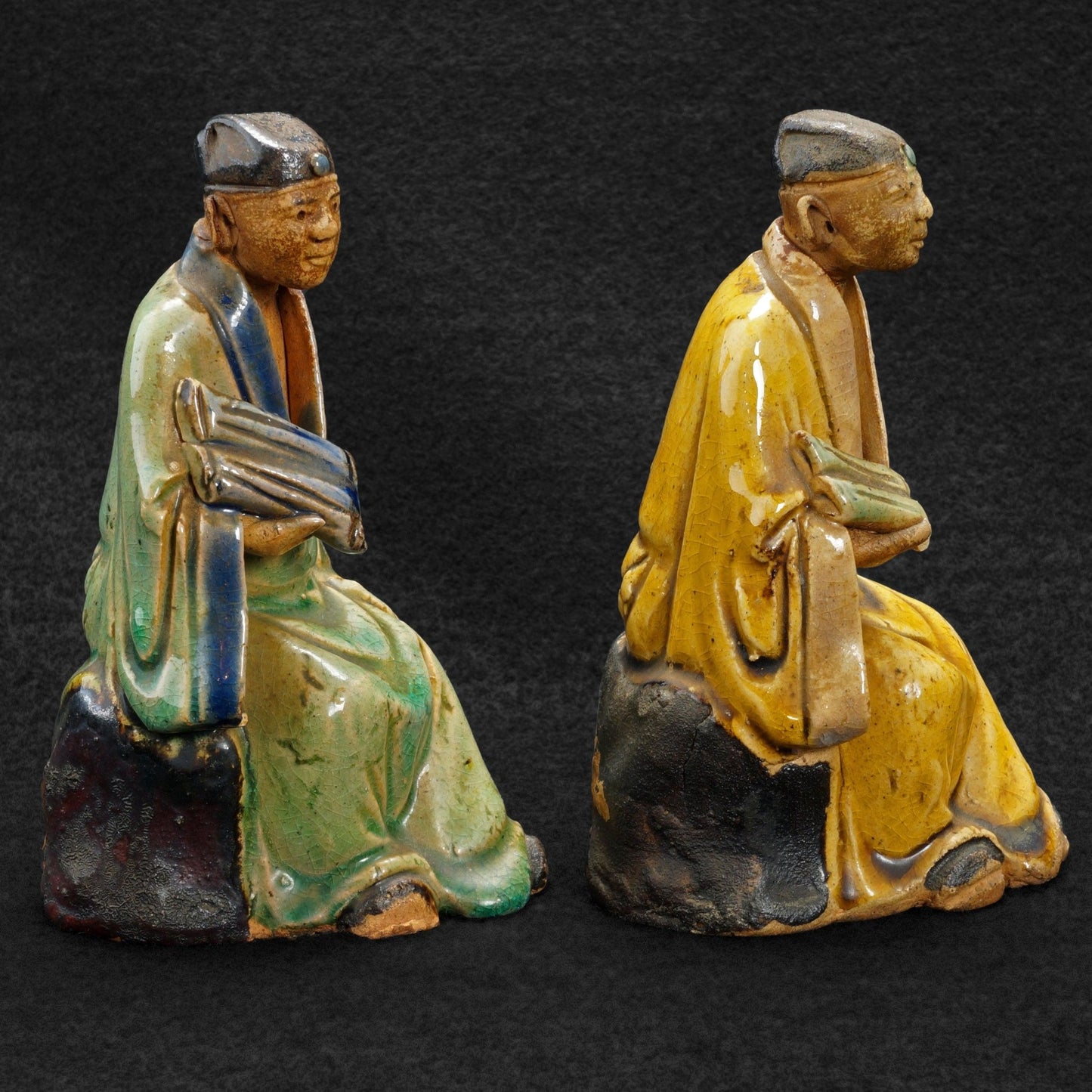 Pair Ceramic Chinese Shiwan Scholar Figures Circa 1930 - Bear and Raven Antiques