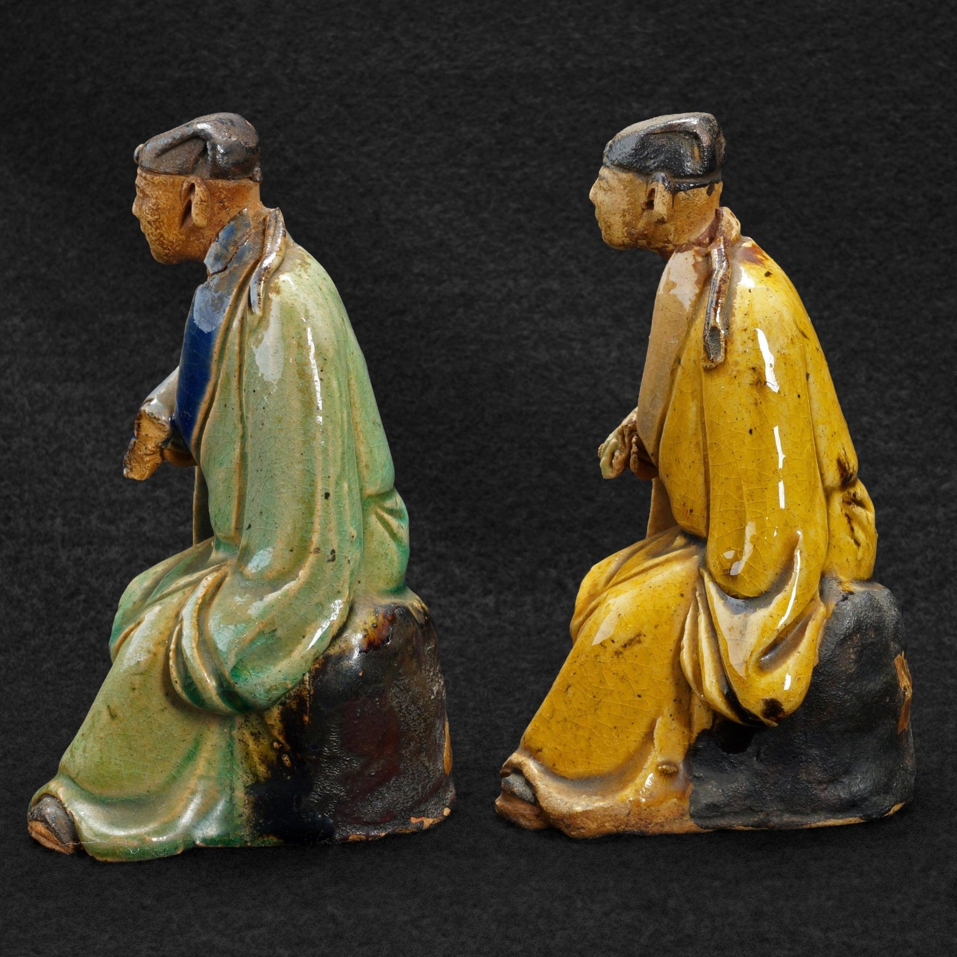 Pair Ceramic Chinese Shiwan Scholar Figures Circa 1930 - Bear and Raven Antiques