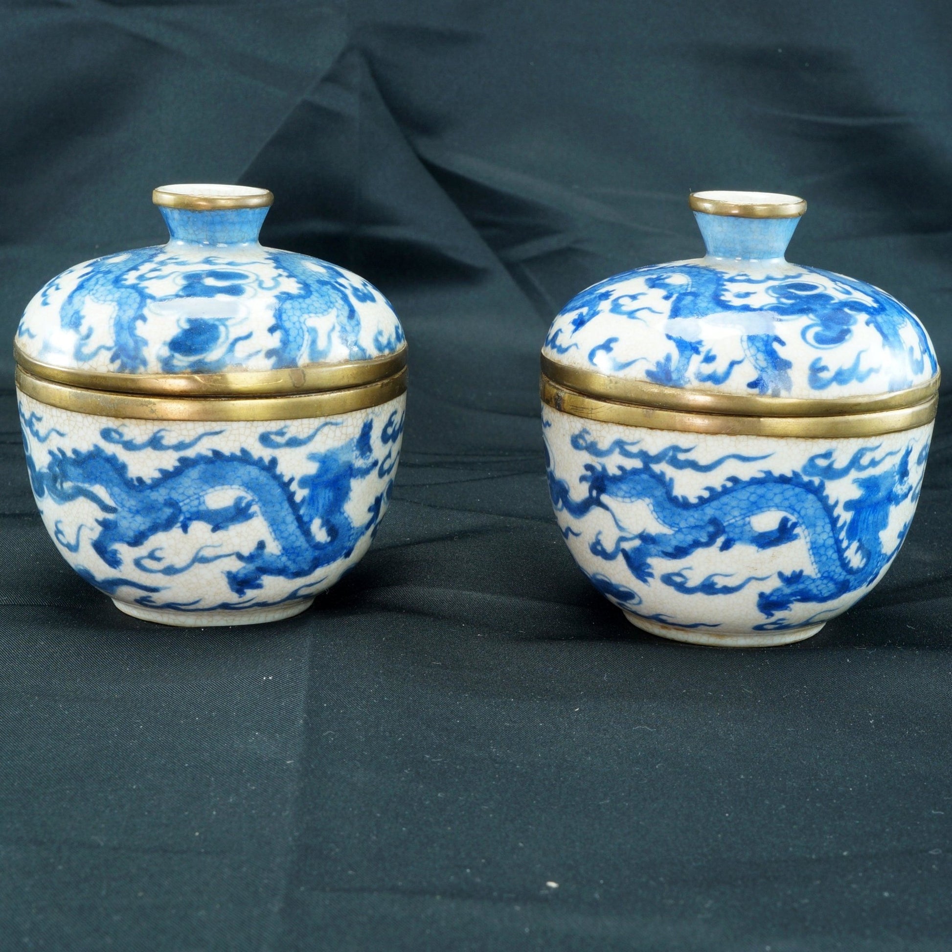 Pair Chinese Covered Oatmeal Dragon Bowls Shunzhi Mark Late Qing/Republic - Bear and Raven Antiques