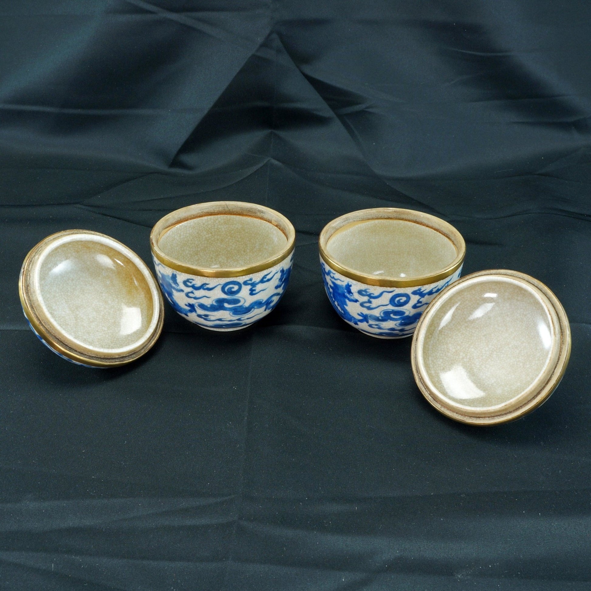 Pair Chinese Covered Oatmeal Dragon Bowls Shunzhi Mark Late Qing/Republic - Bear and Raven Antiques