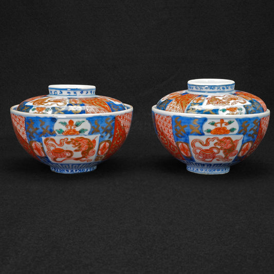 Pair Meiji 19th C Arita Imari Chawan Lidded Bowls - Bear and Raven Antiques