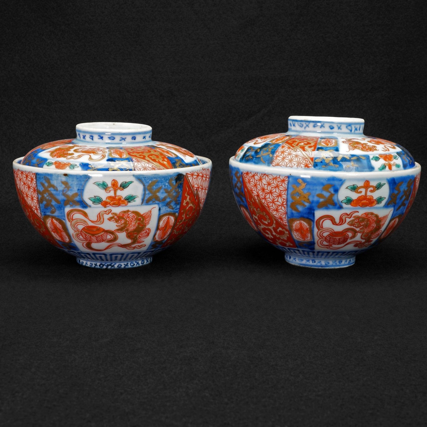 Pair Meiji 19th C Arita Imari Chawan Lidded Bowls - Bear and Raven Antiques