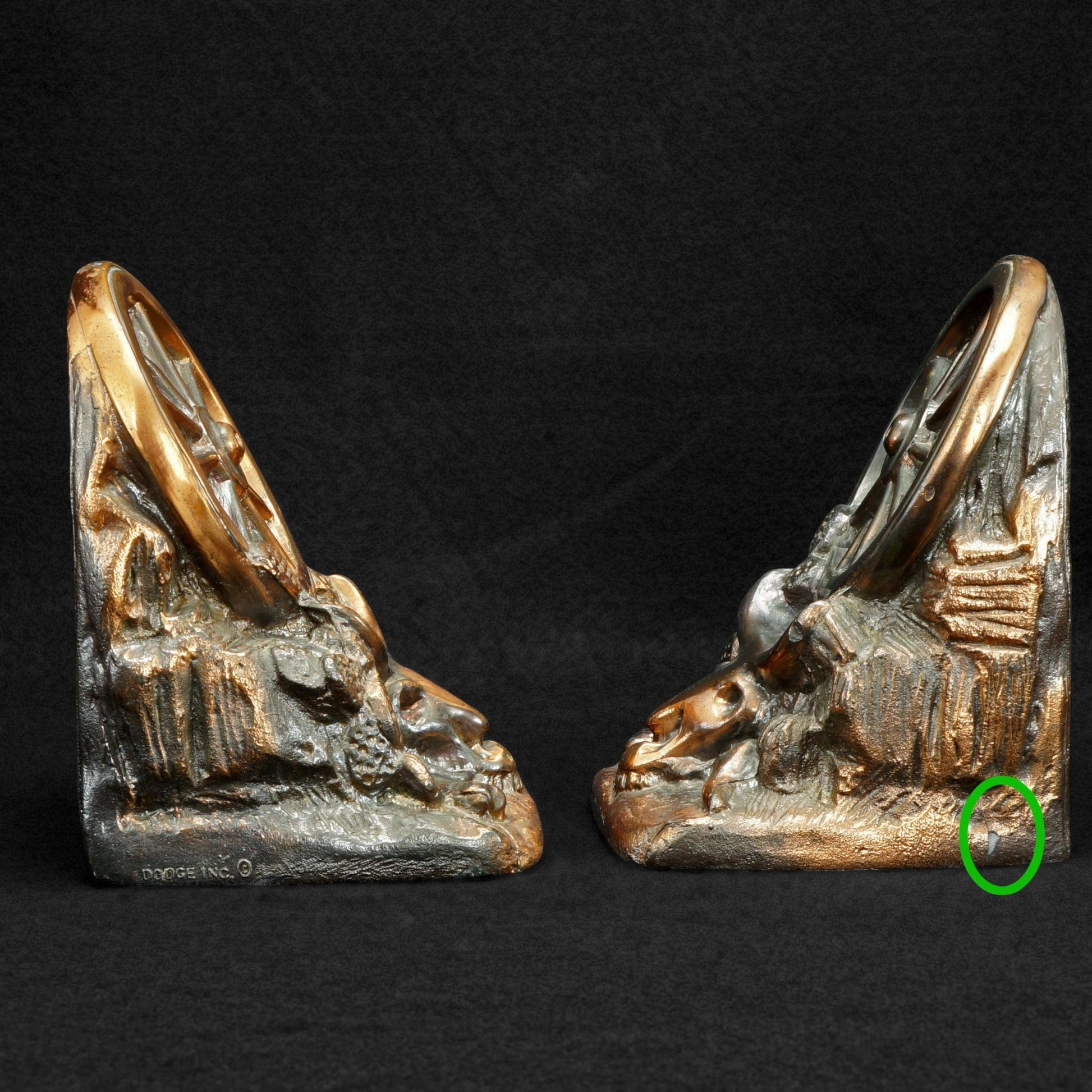 Pair of Dodge Wagon Wheel Western Bookends Circa 1930 - Bear and Raven Antiques