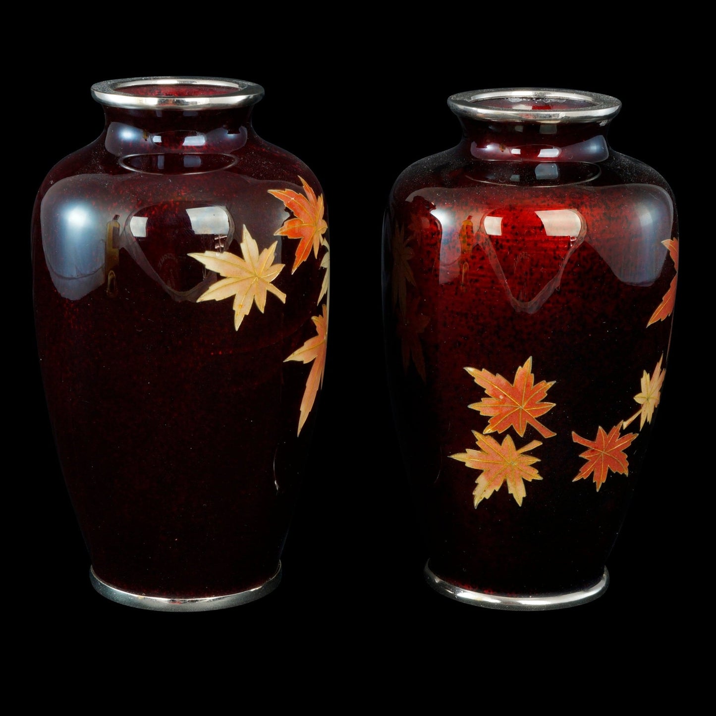 Pair of Mid Century Ando Sato Japanese Cloisonné Maple Leaf Vases - Bear and Raven Antiques