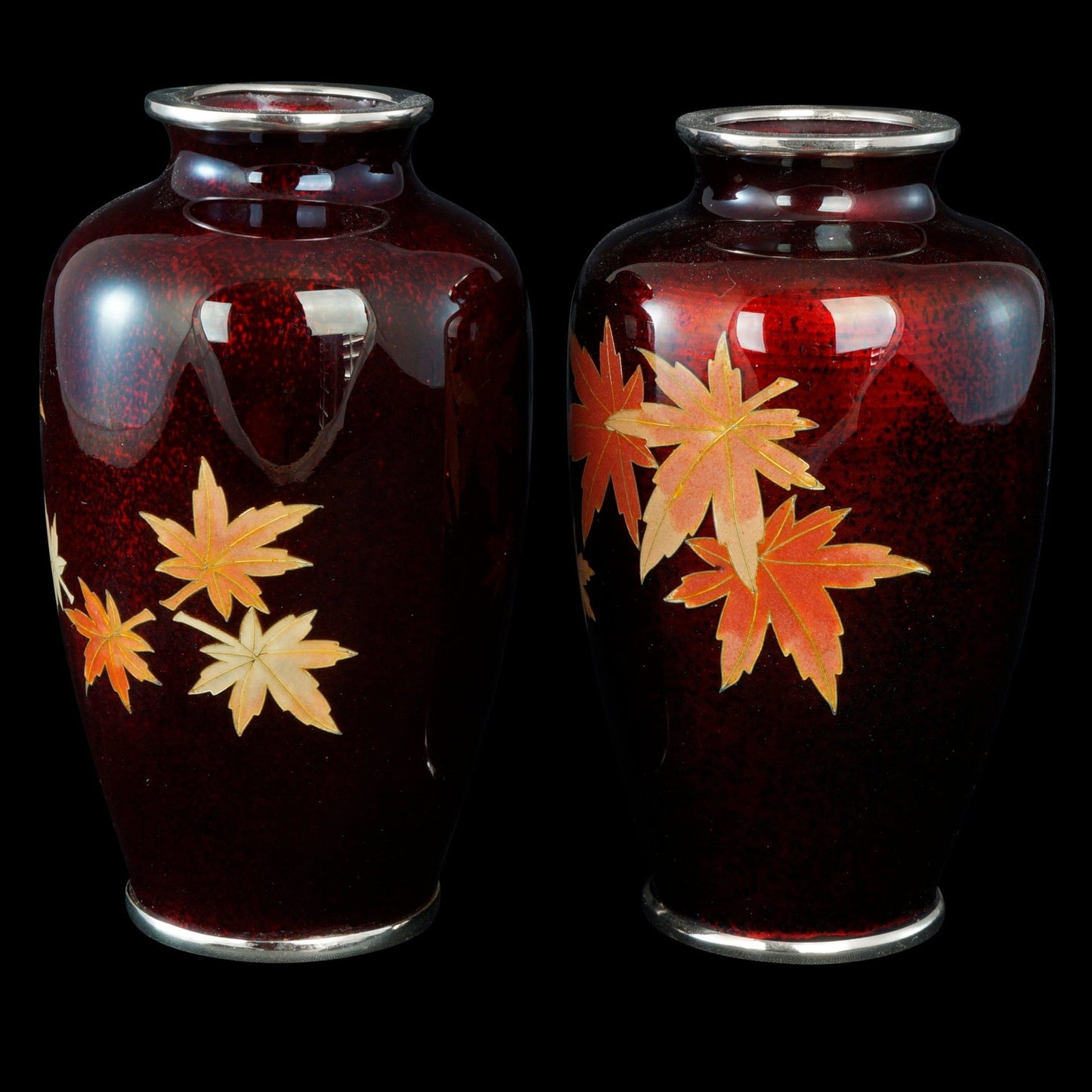 Pair of Mid Century Ando Sato Japanese Cloisonné Maple Leaf Vases - Bear and Raven Antiques