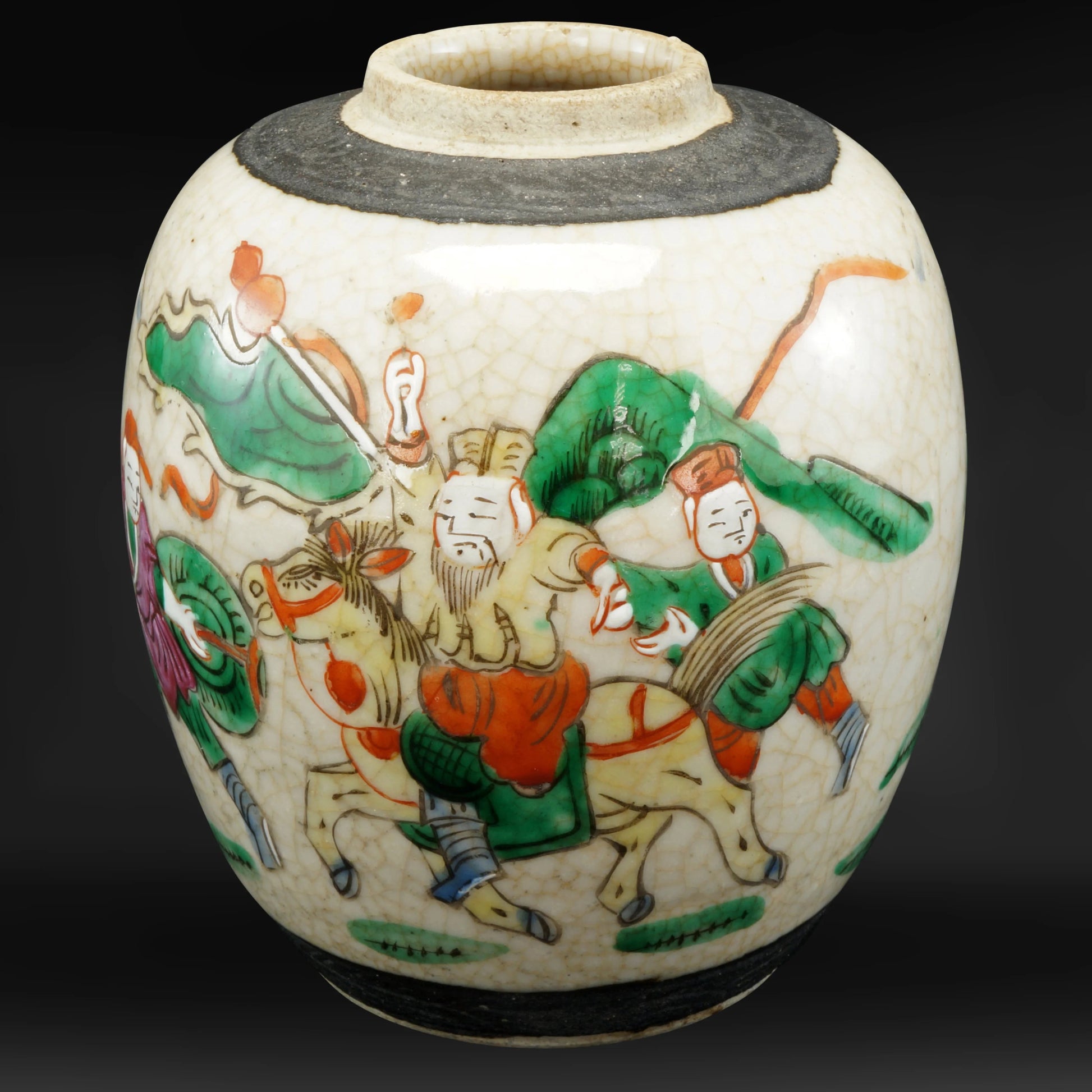 Small Chinese Ginger Jar Oatmeal with Warriors early 20th C - Bear and Raven Antiques