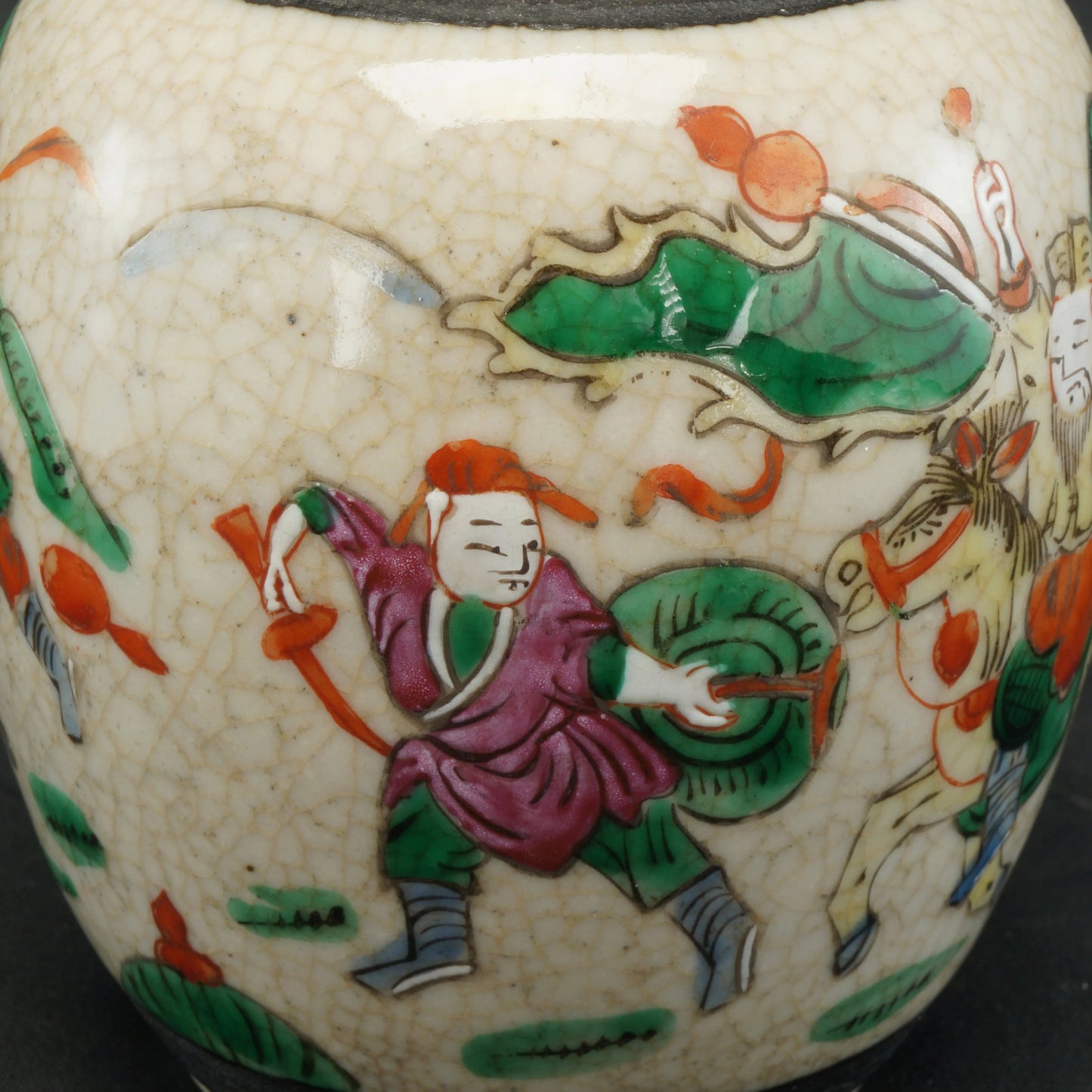 Small Chinese Ginger Jar Oatmeal with Warriors early 20th C - Bear and Raven Antiques