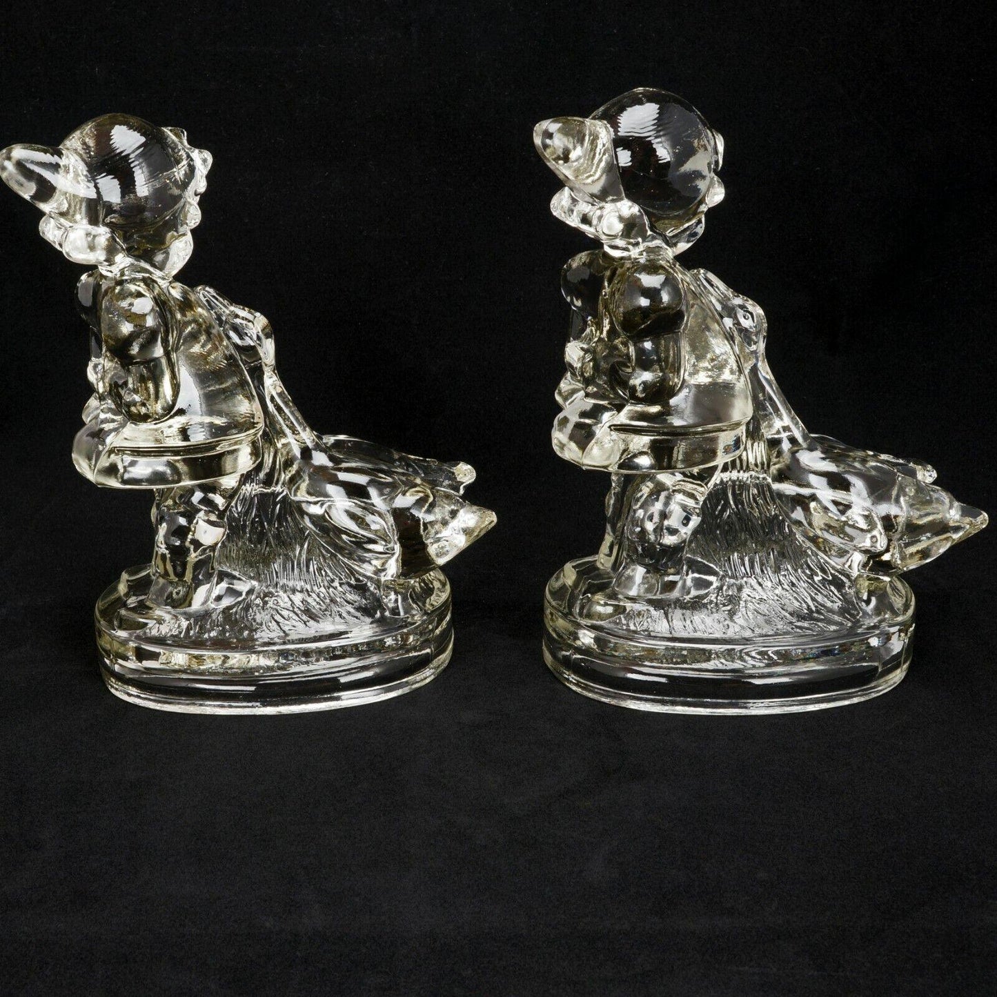 Up to Her Neck in Geese Glass Bookends Circa 1950 - Bear and Raven Antiques