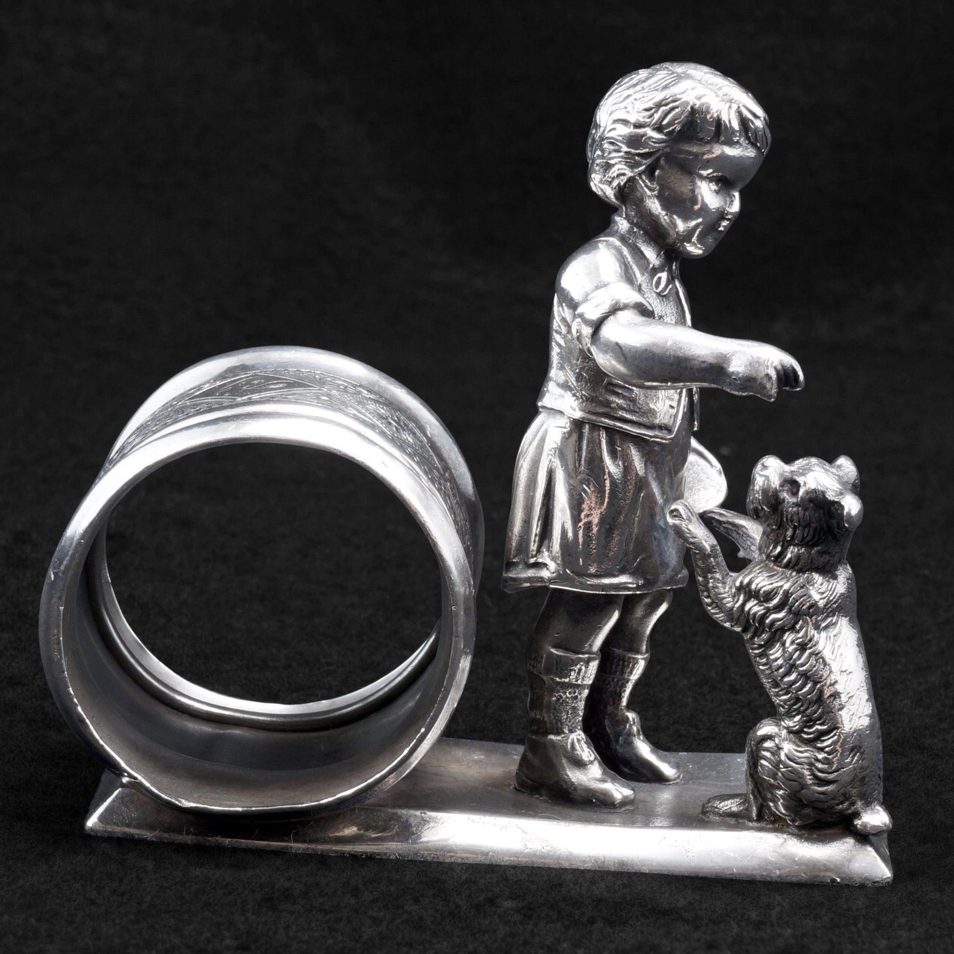 Victorian Child with Begging Dog Napkin Ring by Meriden Circa 1870 - Bear and Raven Antiques