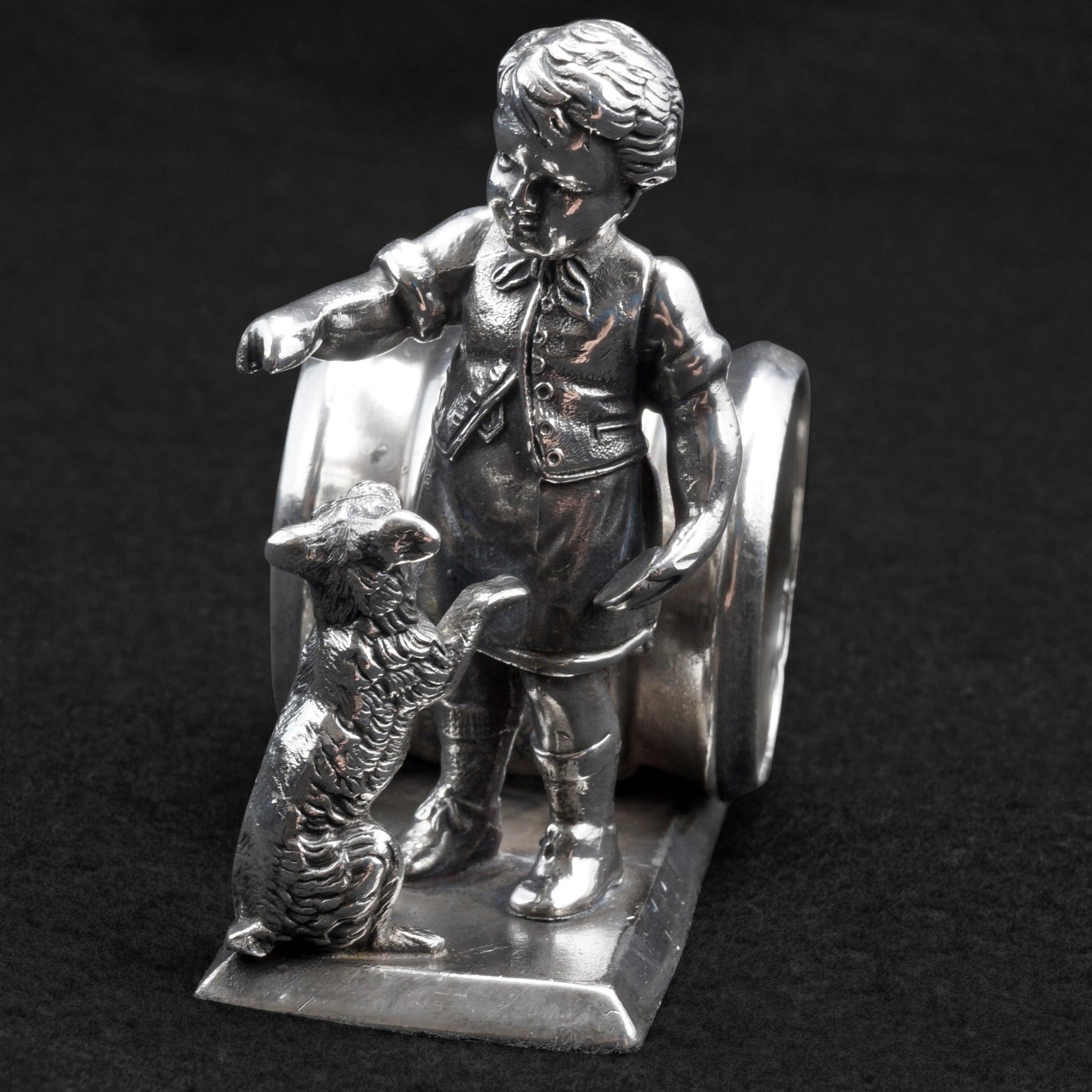 Victorian Child with Begging Dog Napkin Ring by Meriden Circa 1870 - Bear and Raven Antiques