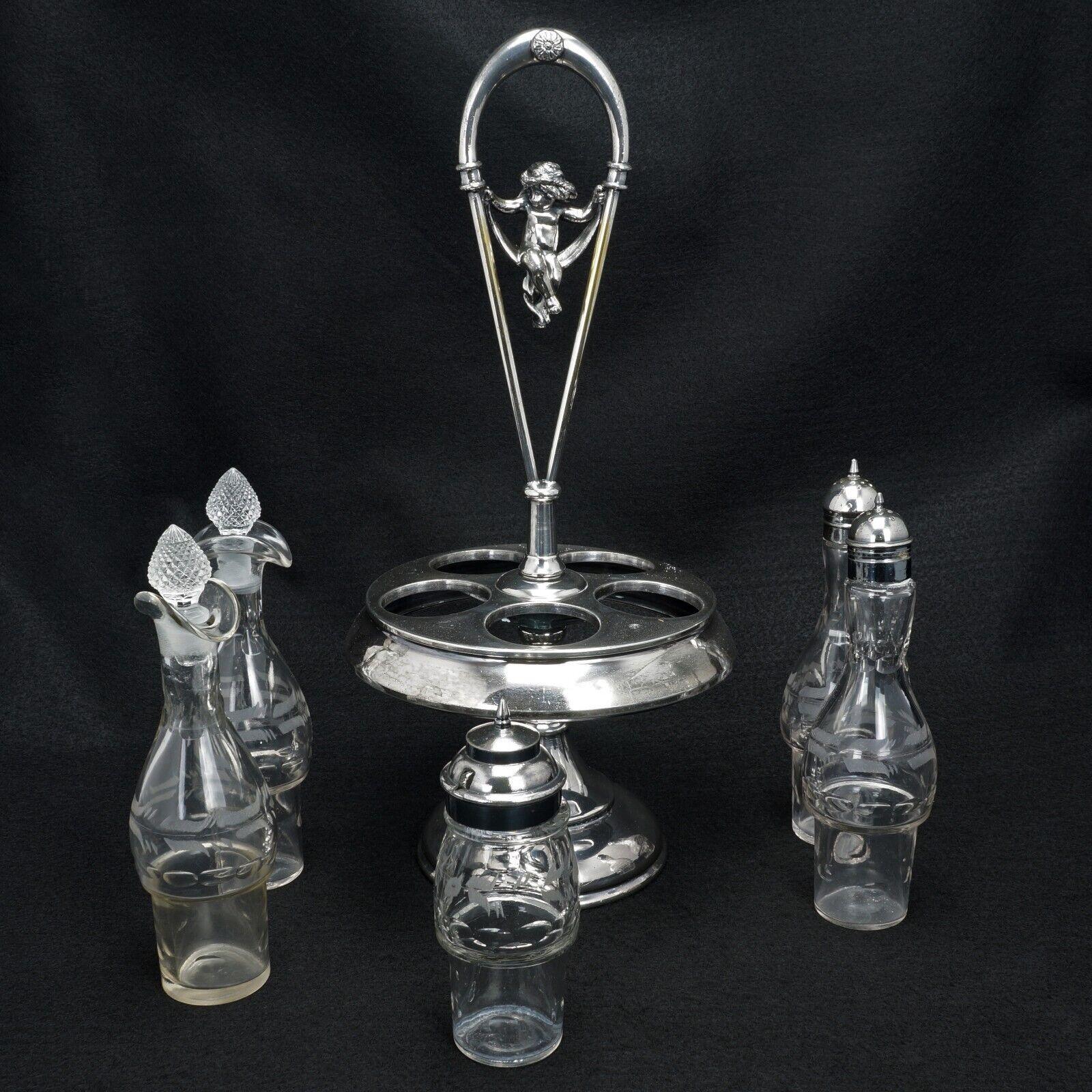 Antique Victorian Silver Plated Glass Cruet Condiment Set