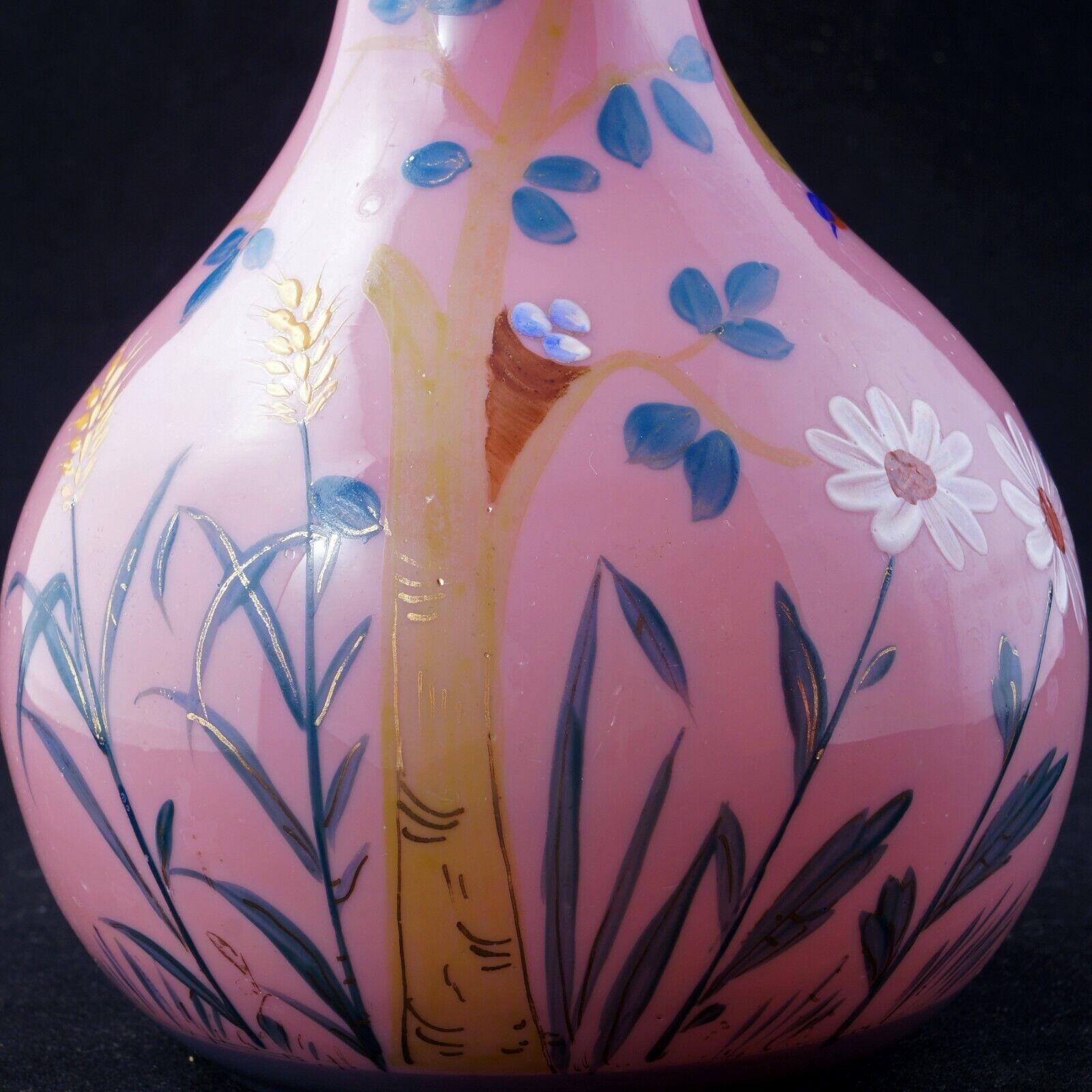 Victorian Pink Glass Vase with Hand-Painted Bird and Nest Design Late 19th C - Bear and Raven Antiques