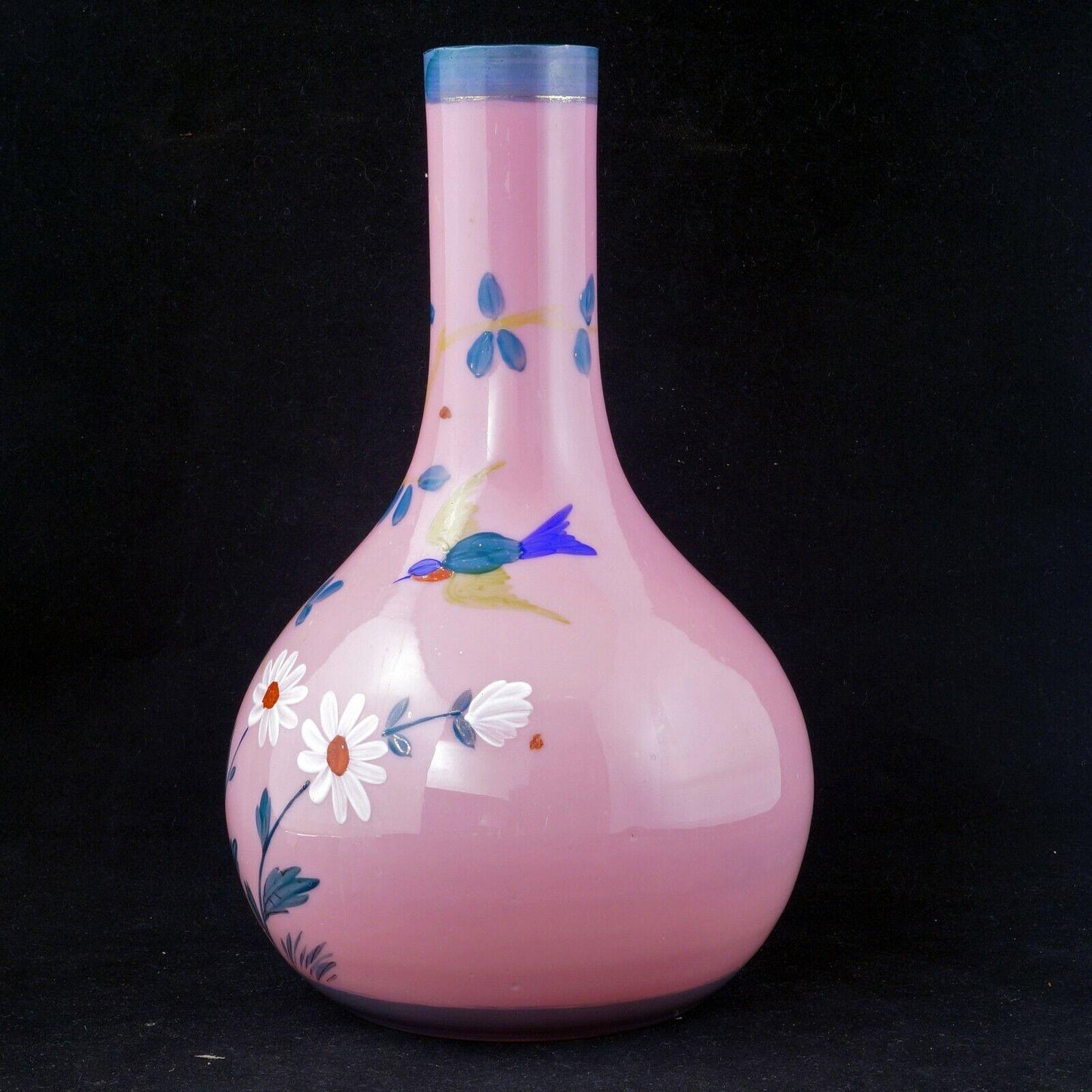 Victorian Pink Glass Vase with Hand-Painted Bird and Nest Design Late 19th C - Bear and Raven Antiques