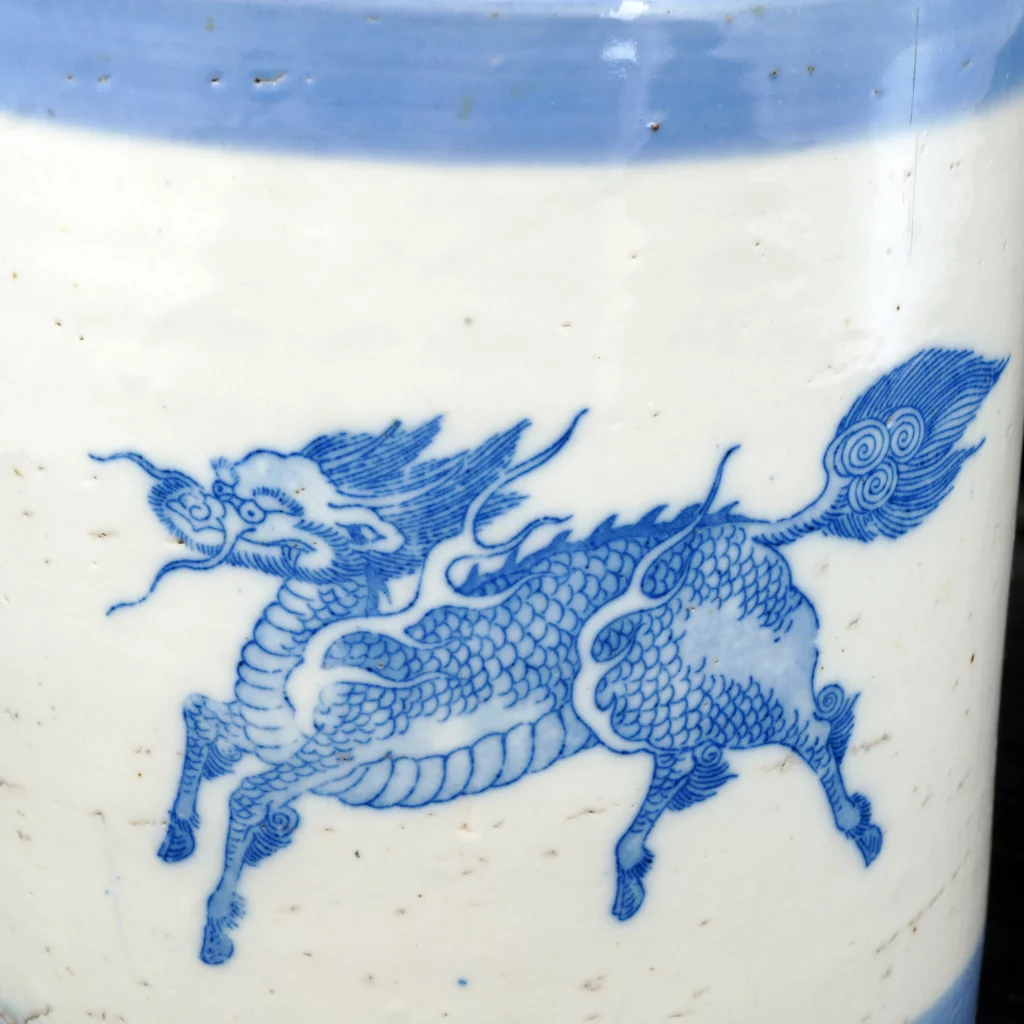 Japanese Porcelain Hibachi with Kirin Close Up