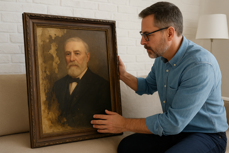 Photo of appraiser inspecting artwork