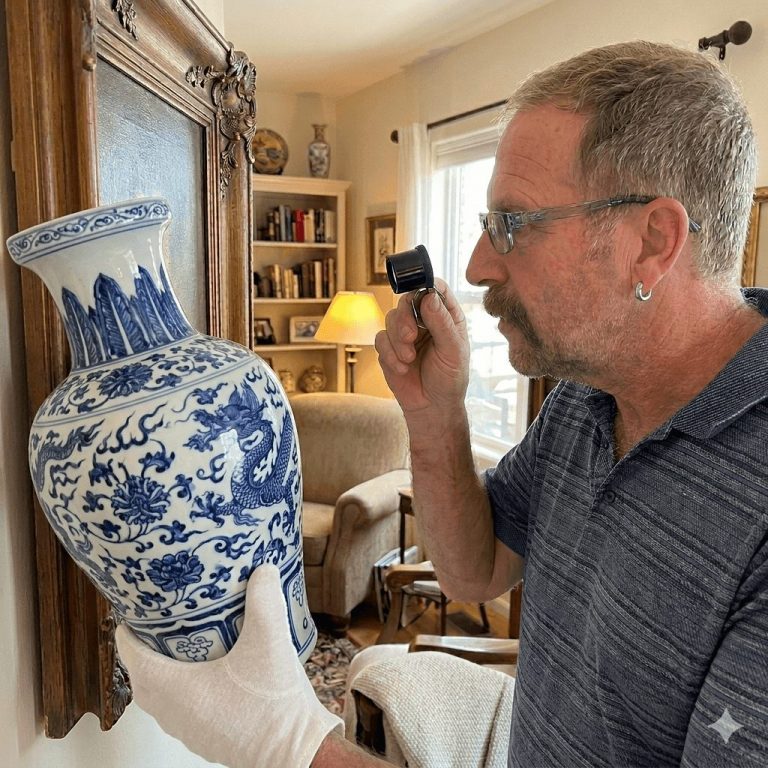 Bob Bortner inspecting a Chinese vase